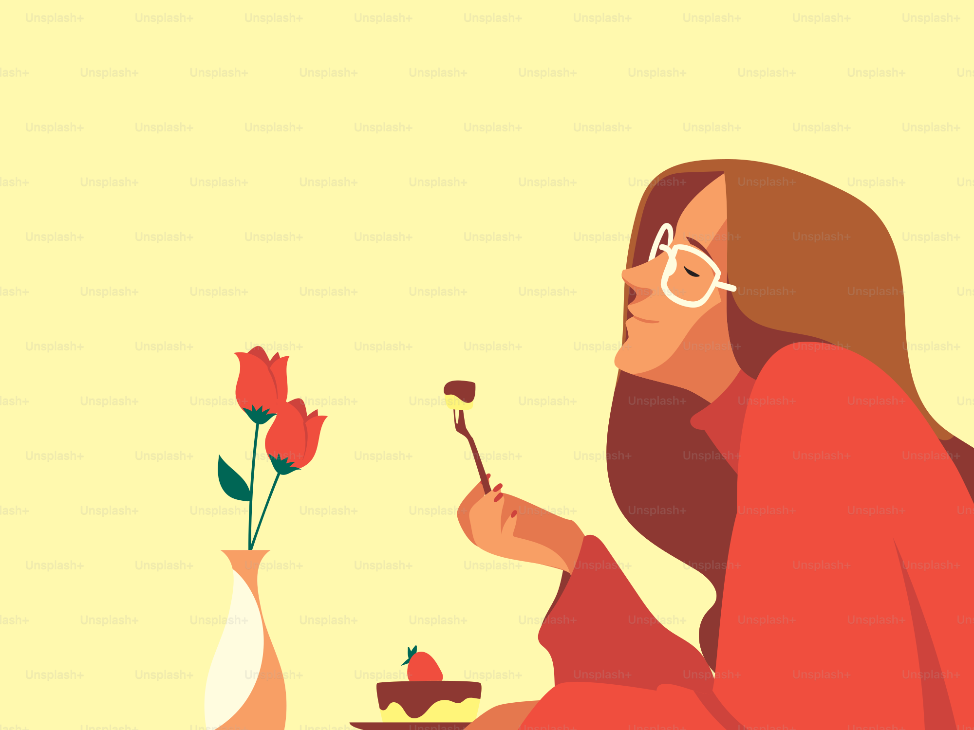 Donna che mangia torta con fragole e rose