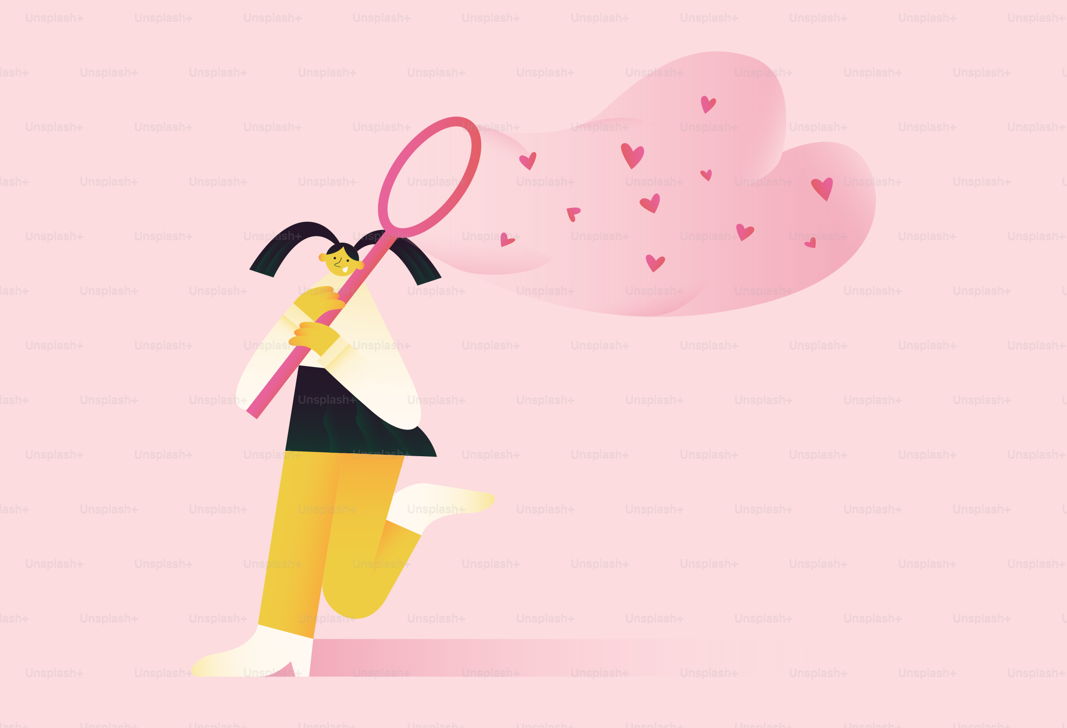 Woman catching hearts with a net on a pink background