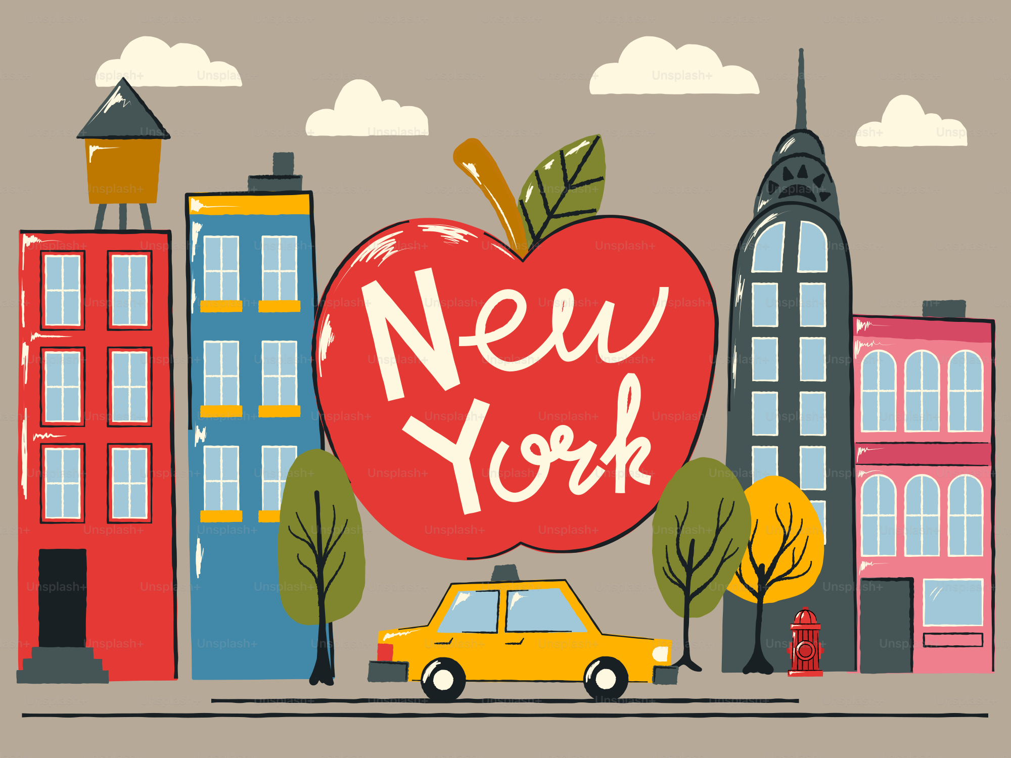 New york city skyline with a giant apple