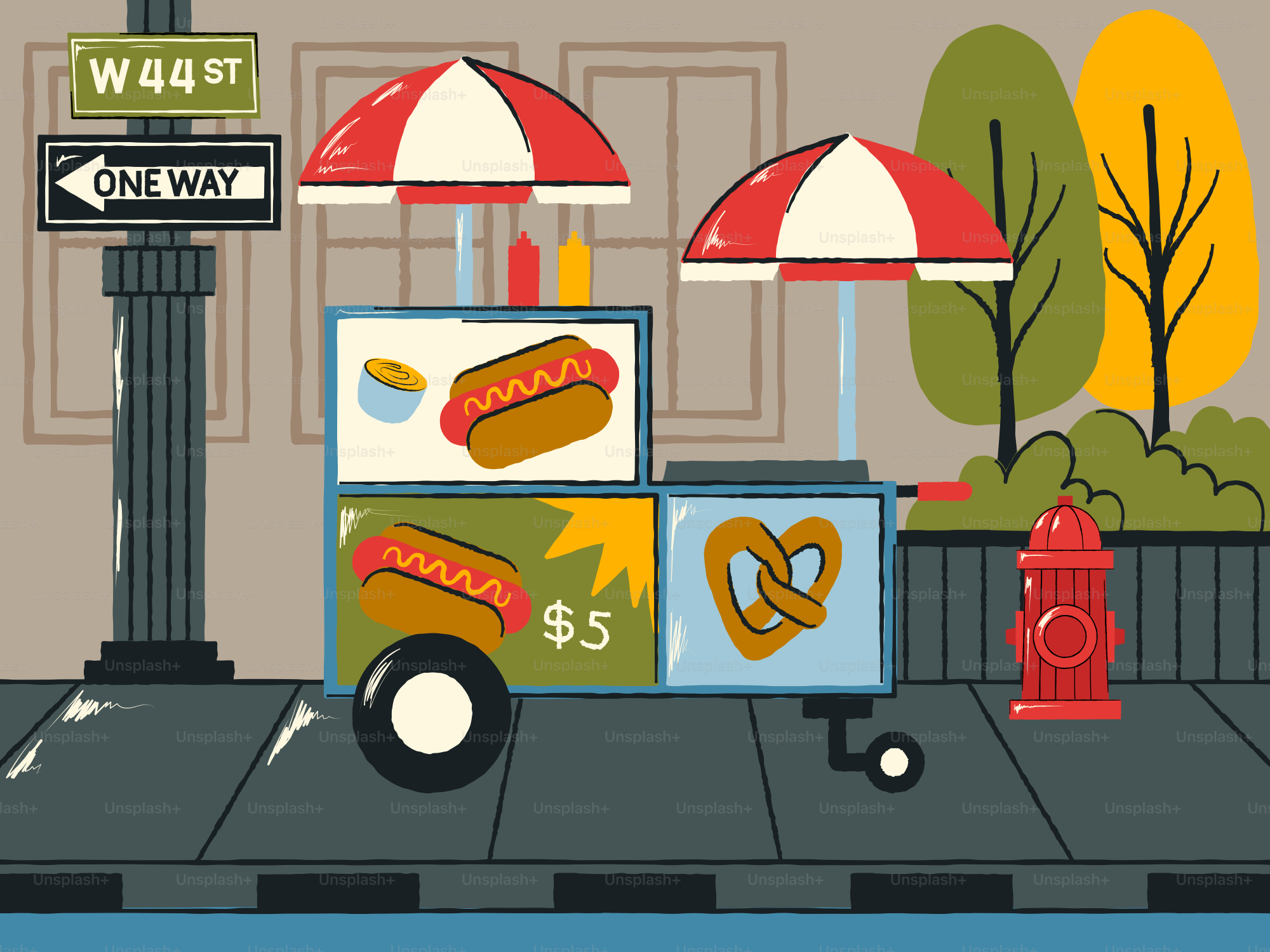 A hot dog cart on a city street