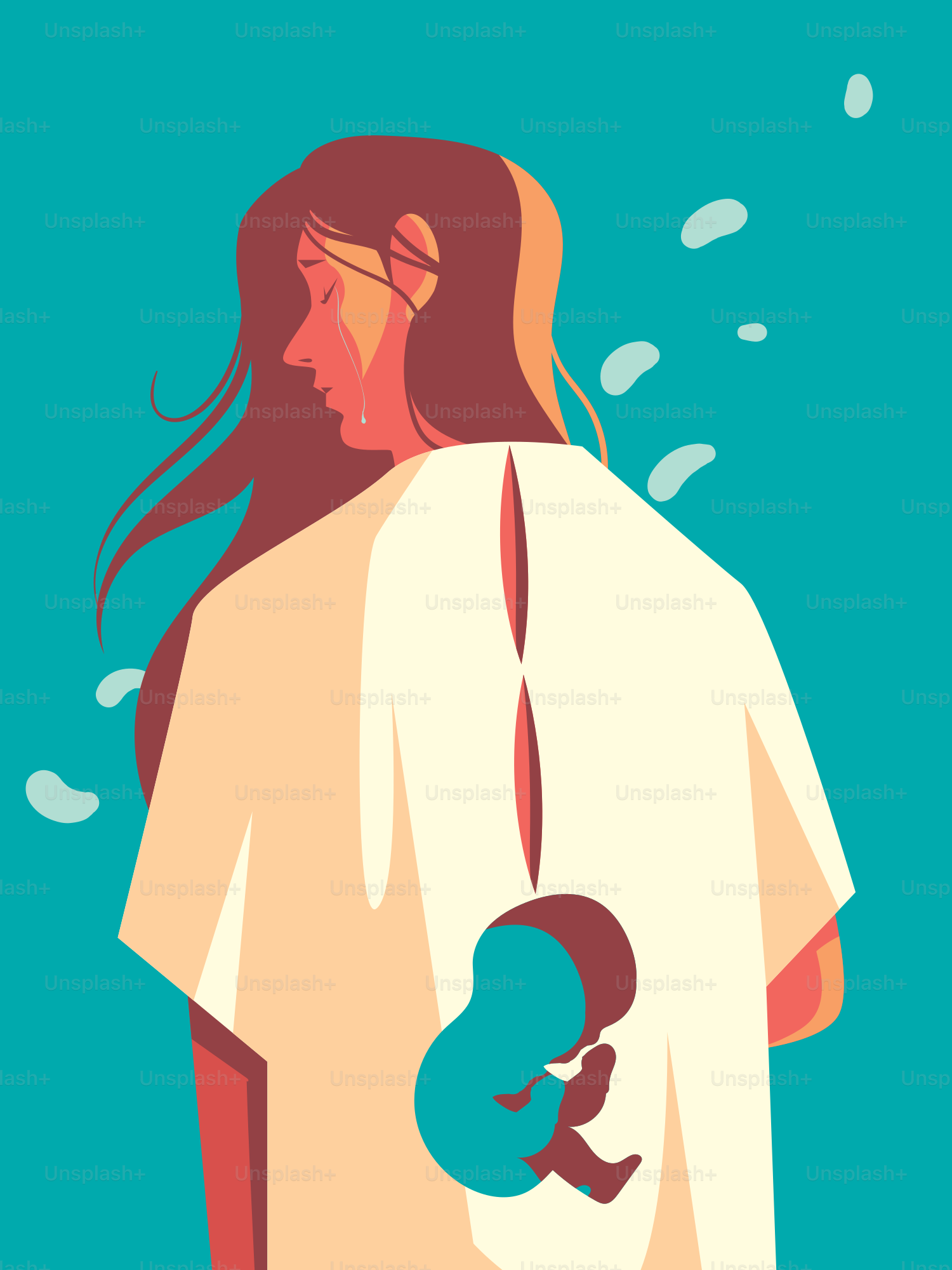 Woman crying, holding a fetus, hospital gown.