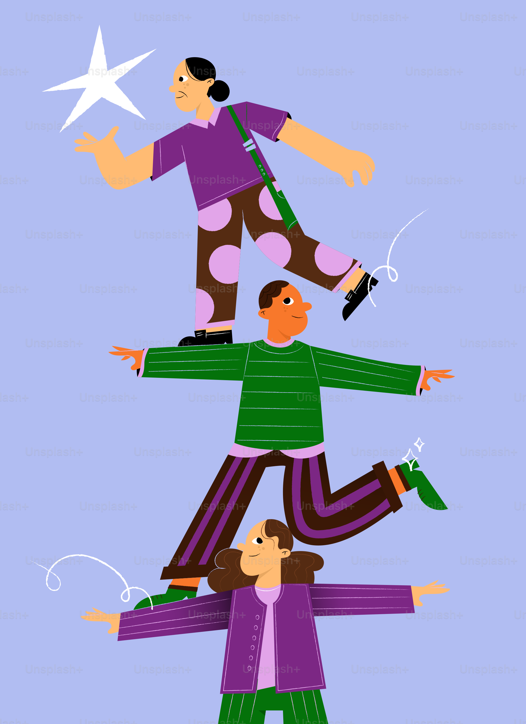 Three people balancing on each other, reaching for star
