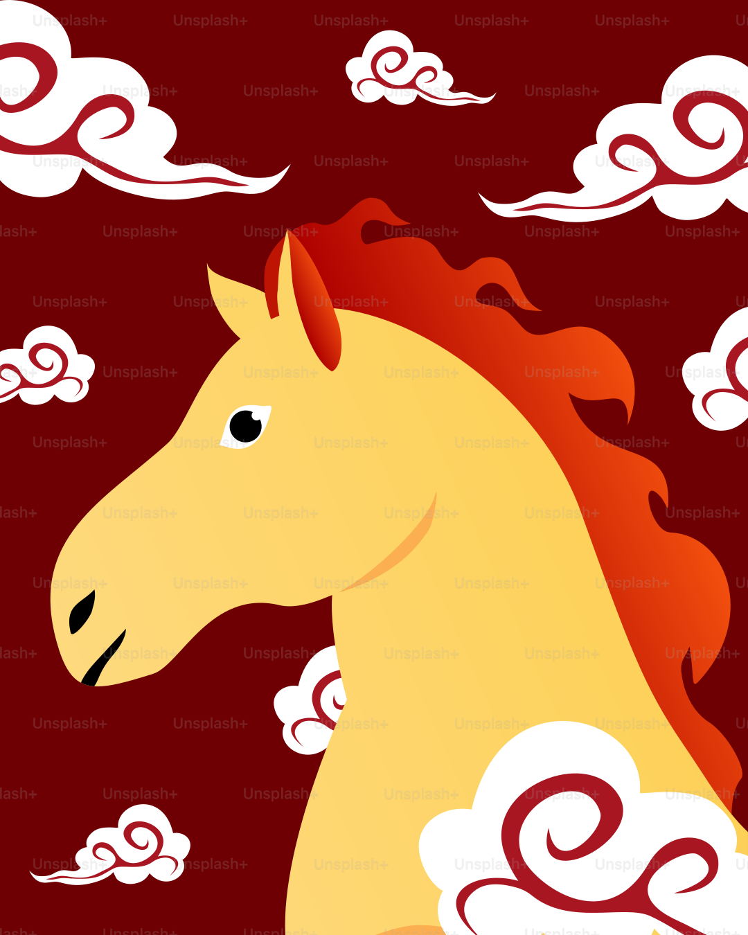 Cheval jaune à la crinière rouge parmi les nuages