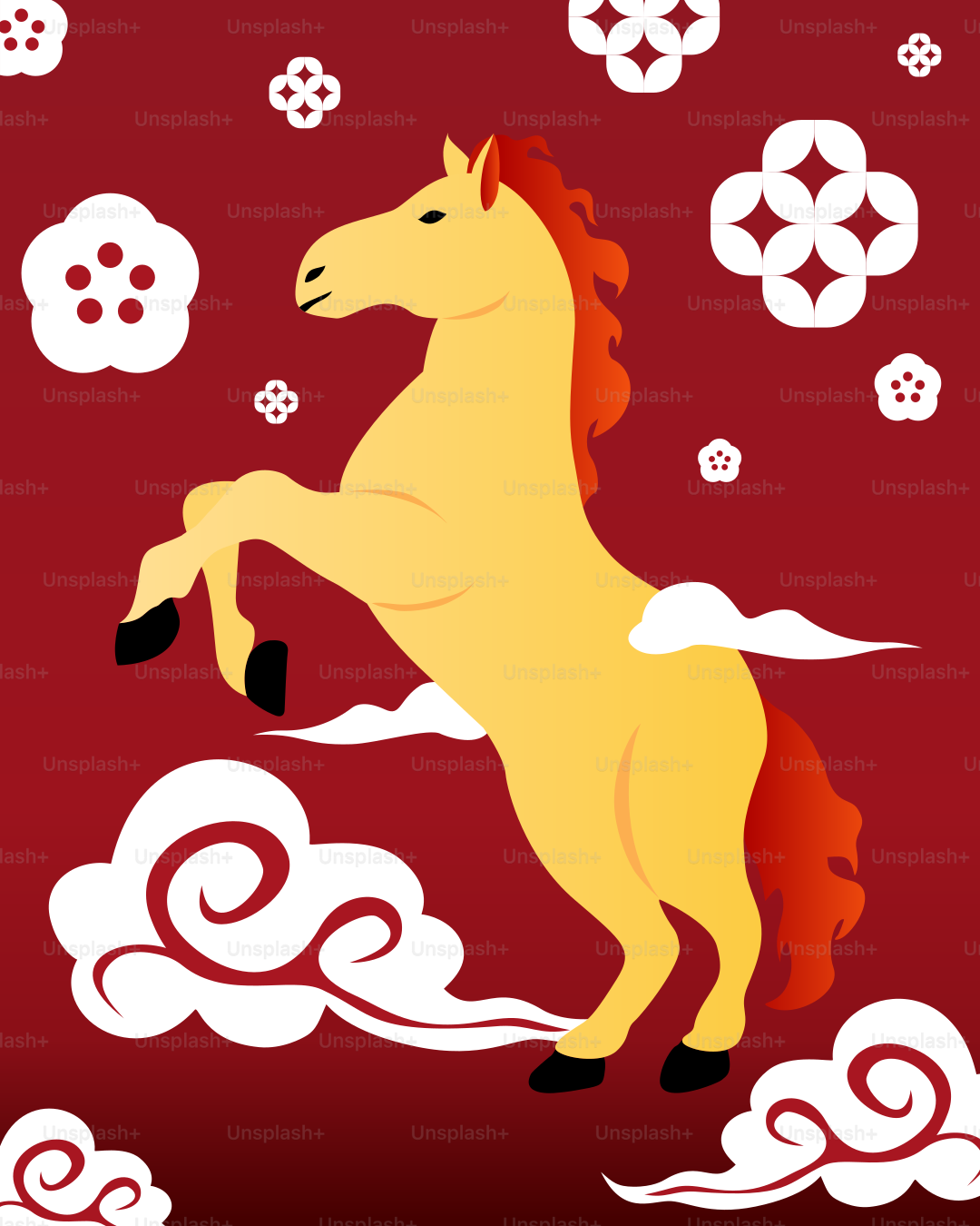 Un cheval doré se dresse au milieu des nuages et des motifs floraux.