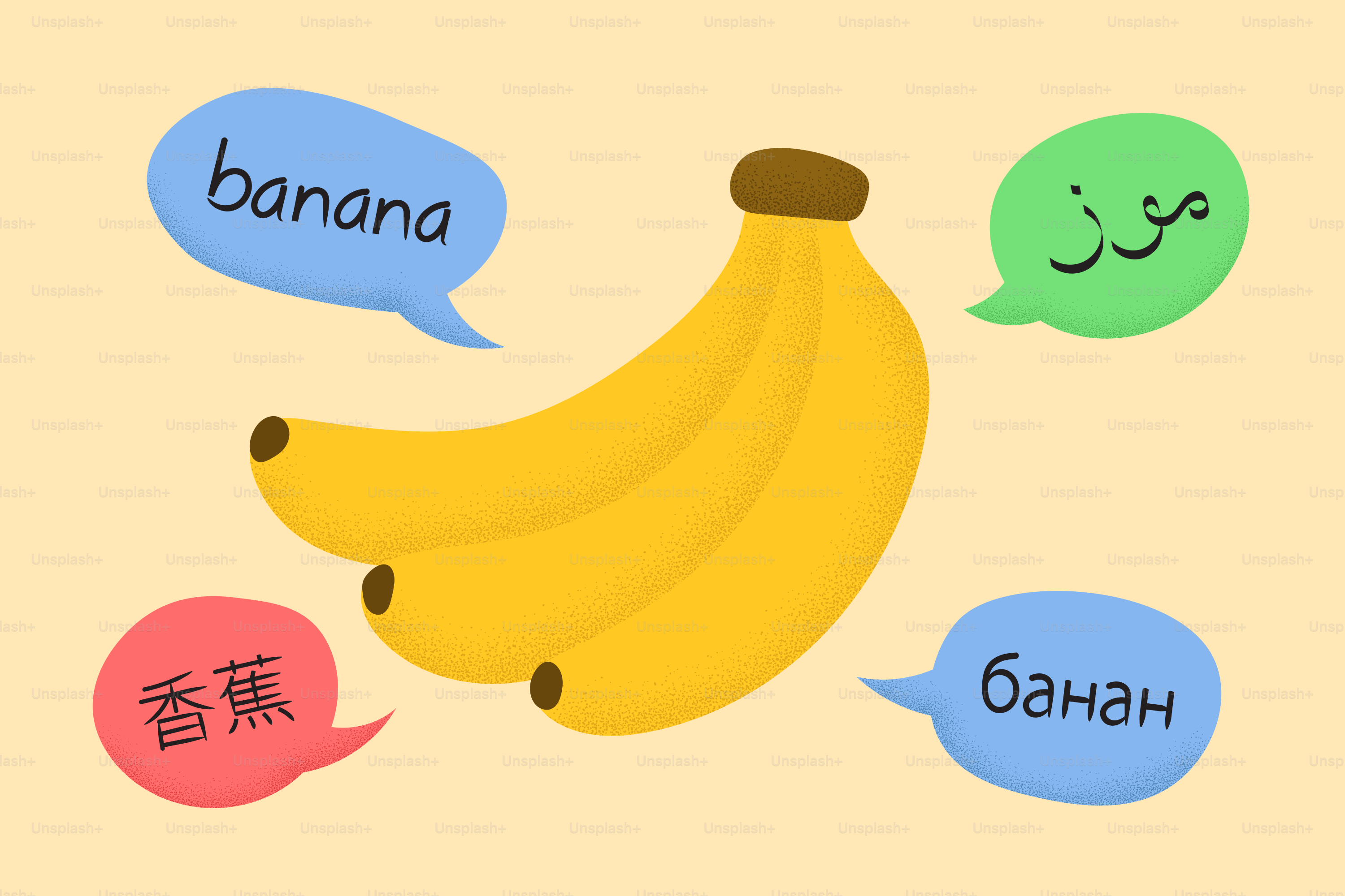 Bananas with words in different languages.