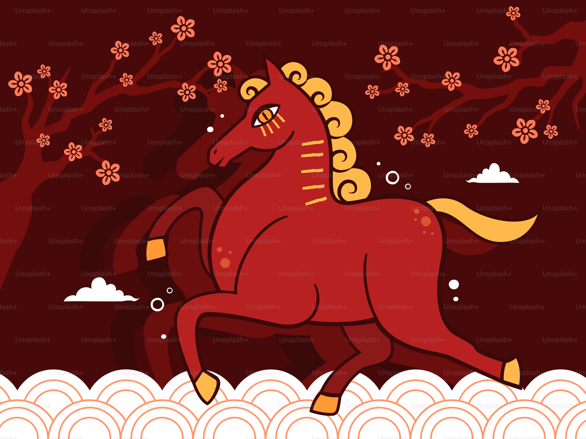 A stylized red horse with a yellow mane and tail.