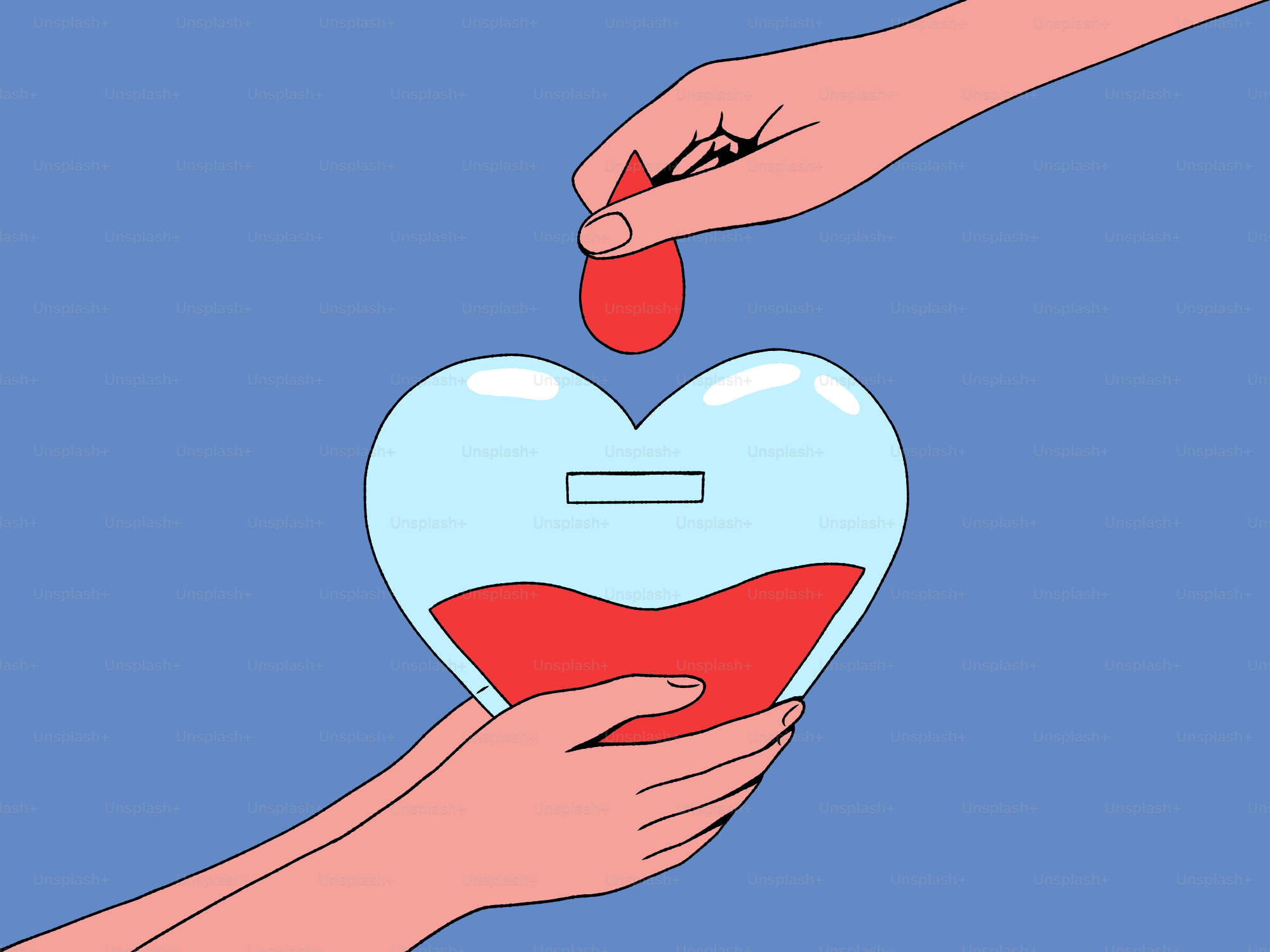 Hands donating blood into a heart-shaped container.
