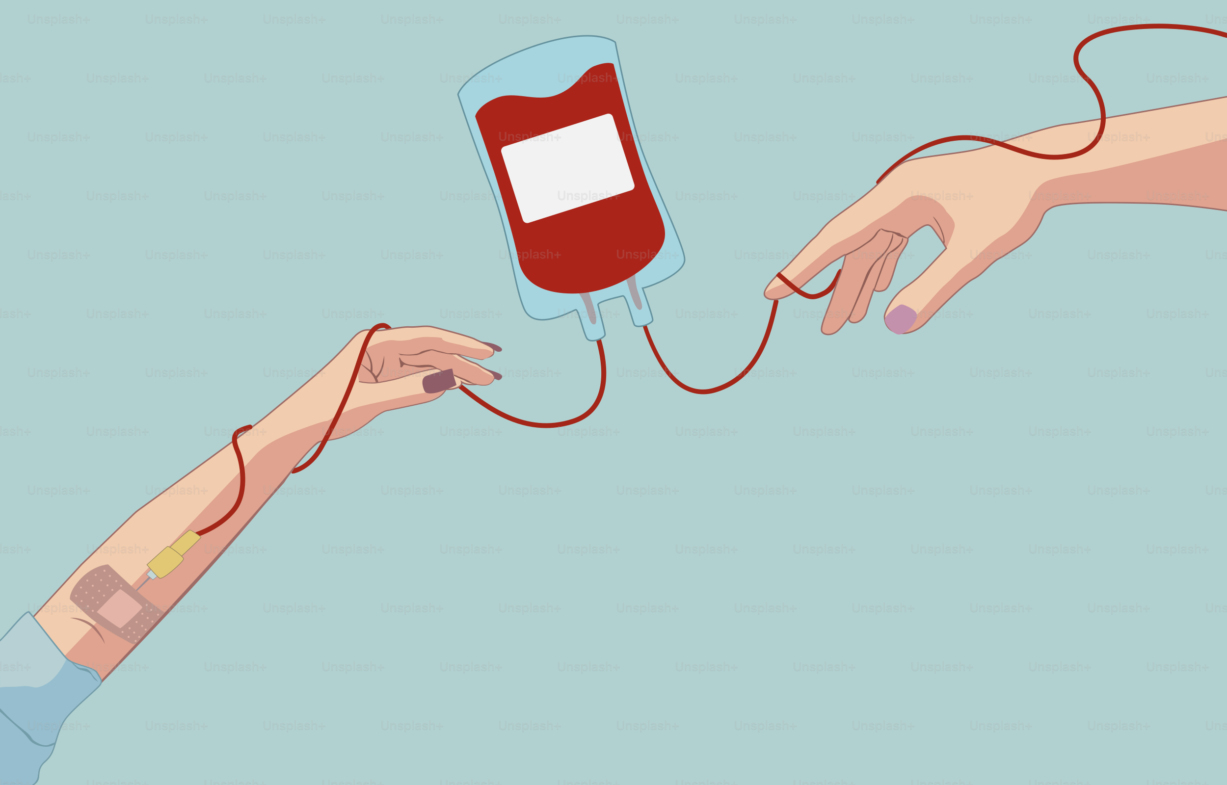 Bolsa de sangre conectada a los brazos con ambas manos