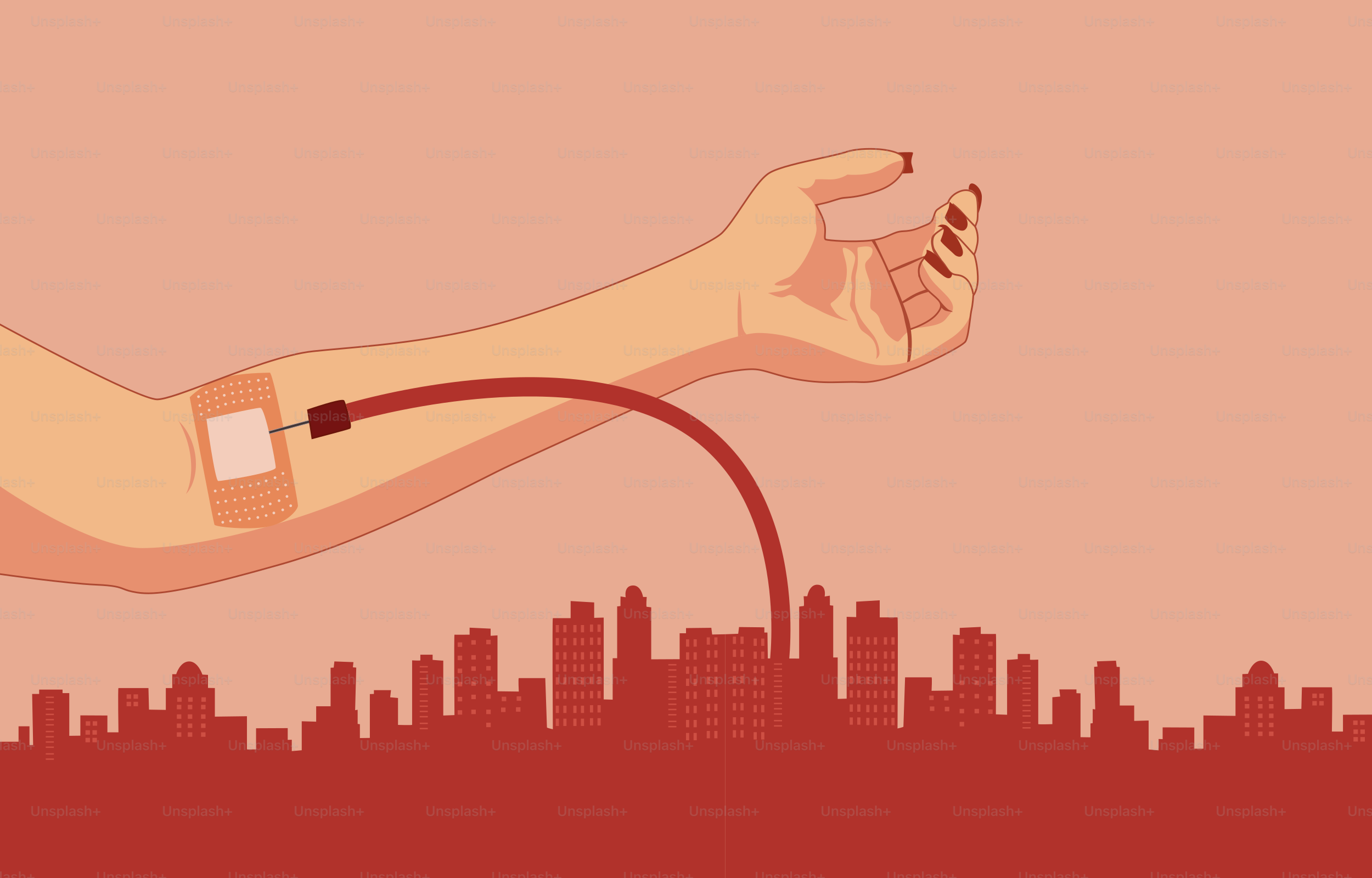 Brazo donando sangre al horizonte de una ciudad.