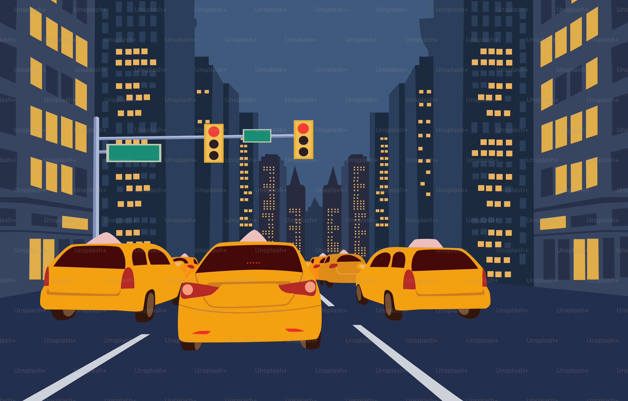 Taxis amarillos circulando por una calle de la ciudad de noche.