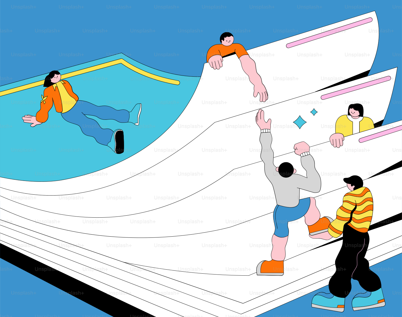 Des gens grimpant sur un grand livre ouvert