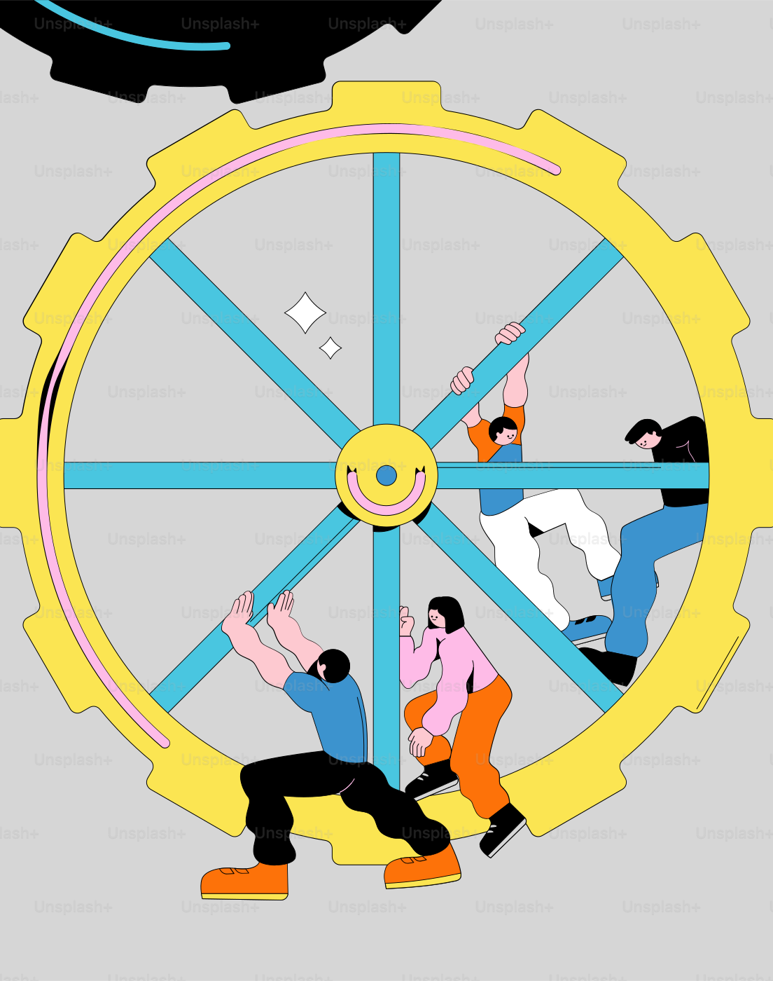 People working together inside a large gear