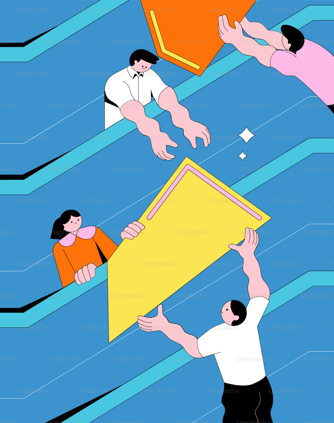 People assembling geometric shapes on a blue background