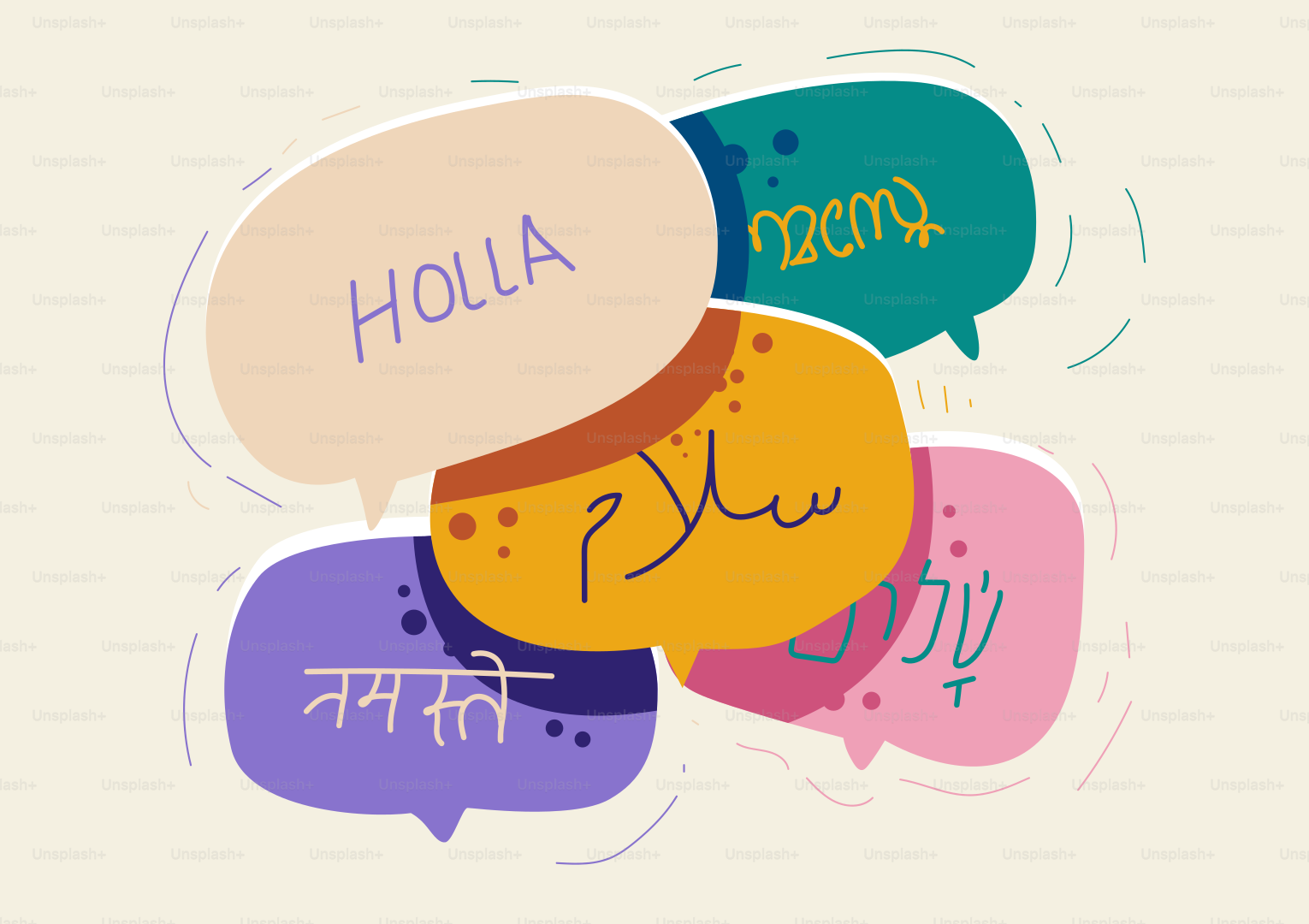 Speech bubbles with different languages and foreign greetings.