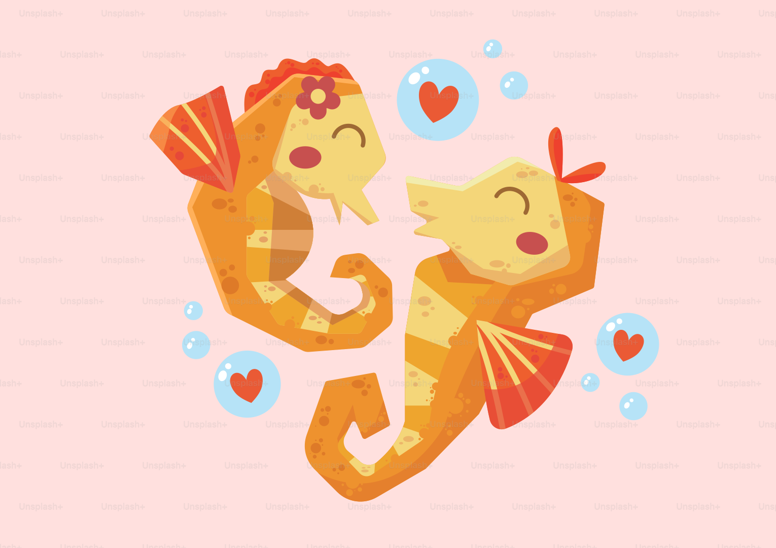 Zwei Cartoon-Seepferdchen, die in Herzen verliebt sind