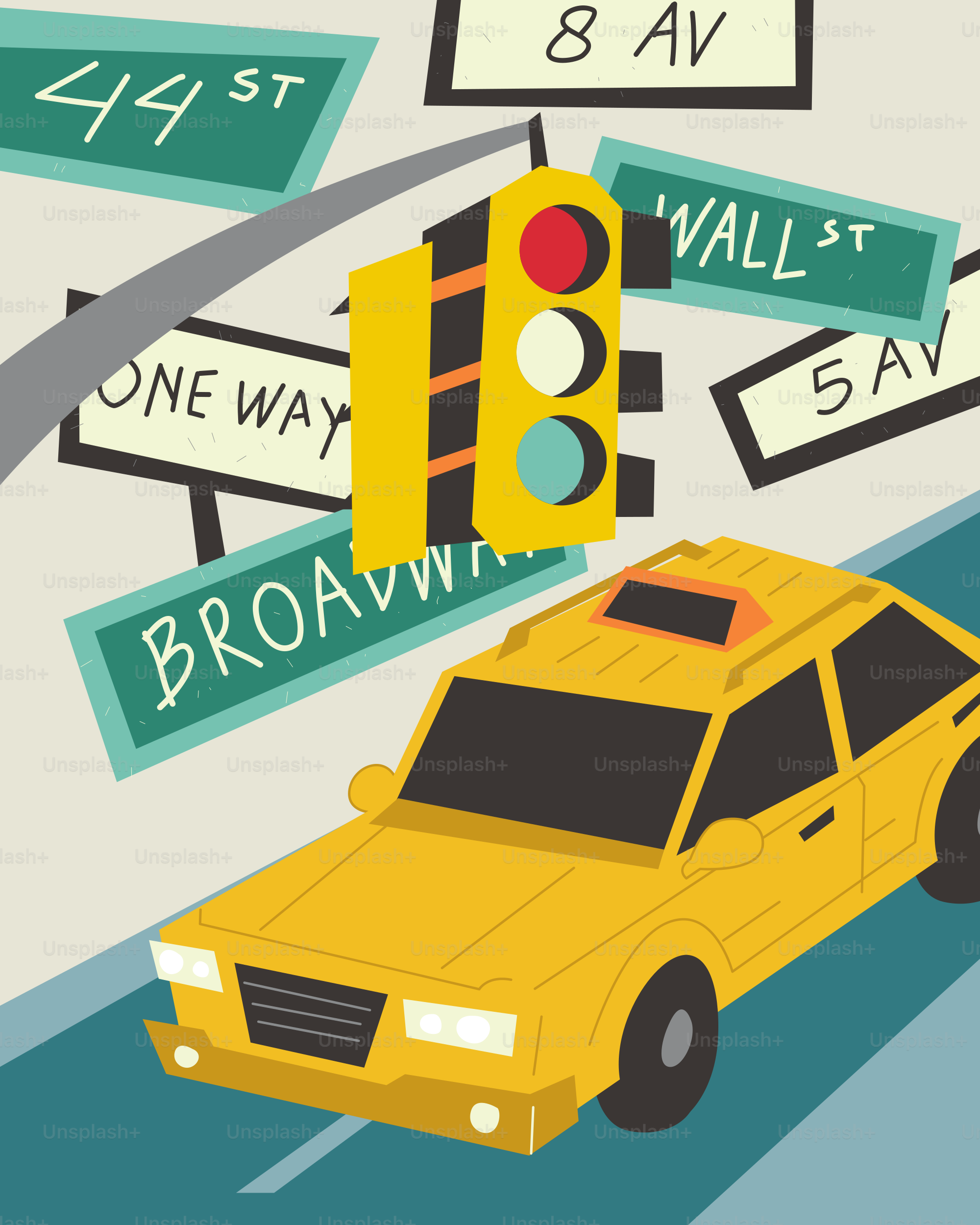 Taxi jaune à l’intersection animée de New York