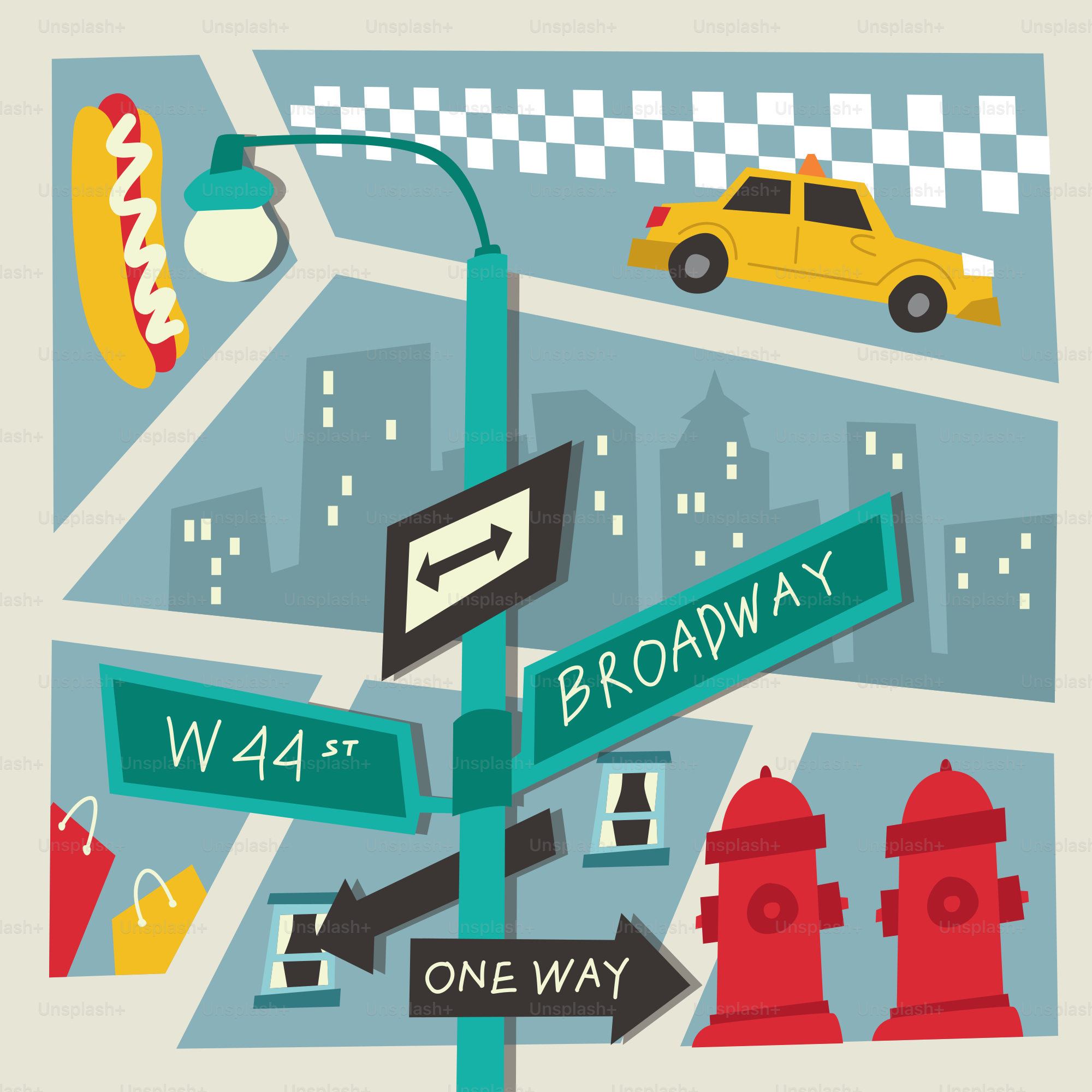 New york city street signs with taxi and hot dog