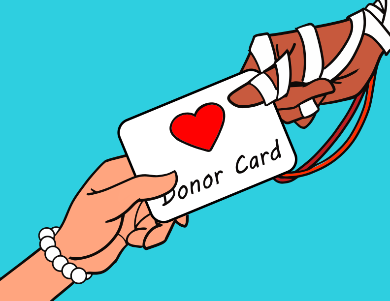 Mani che scambiano una tessera donatrice con un cuore.
