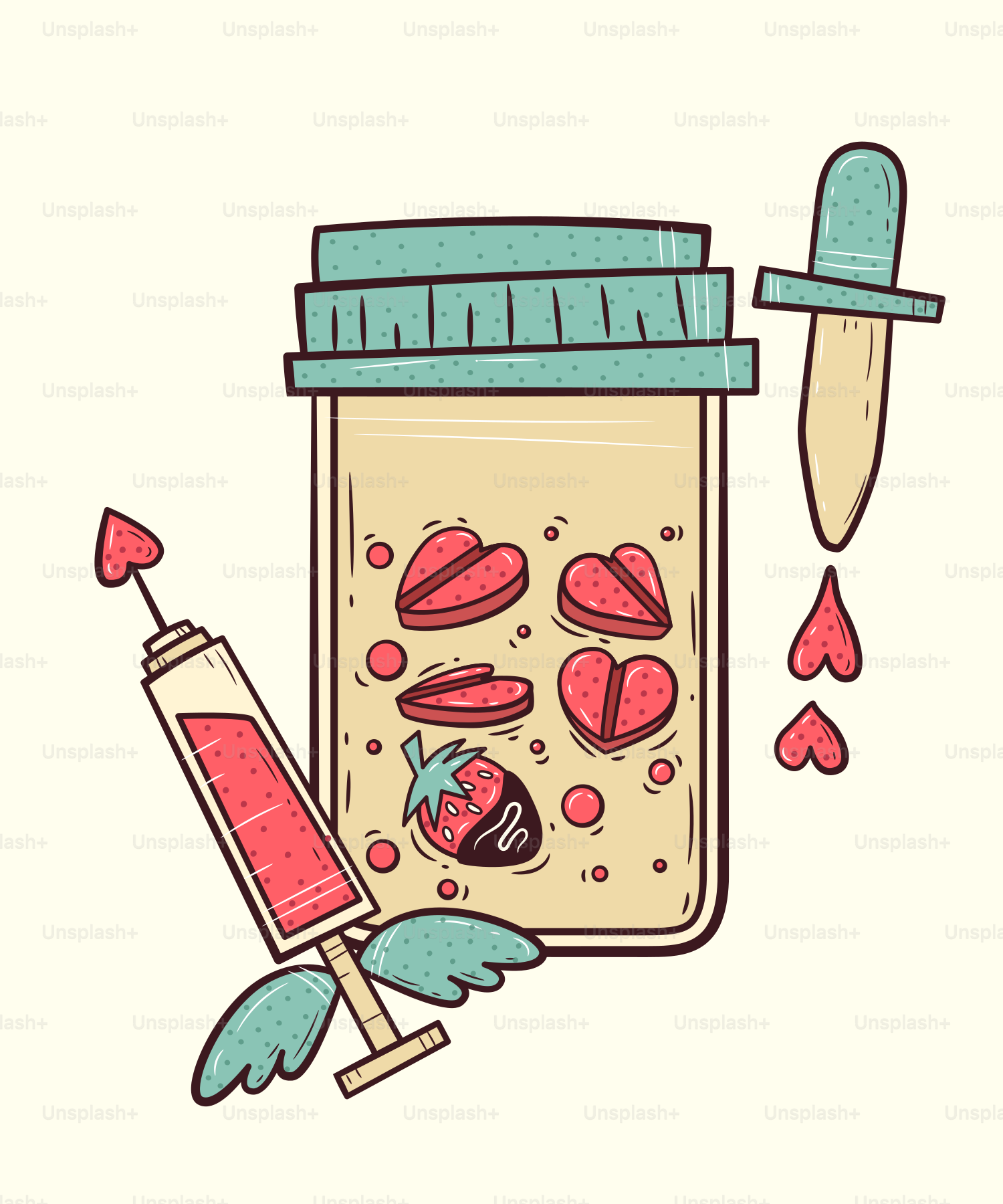 Jar of hearts and strawberry with syringe and dropper