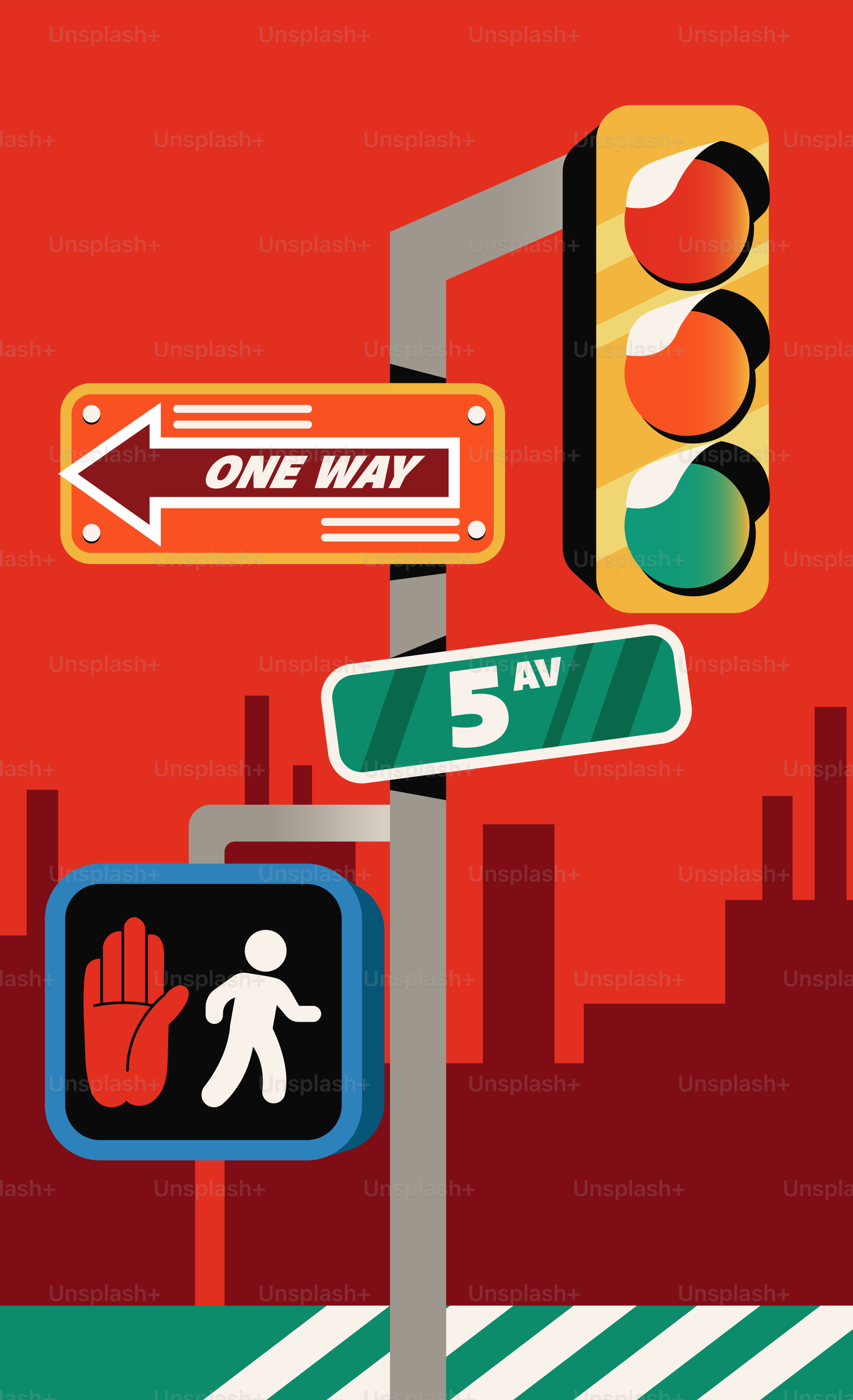 Street signs and traffic light against city skyline