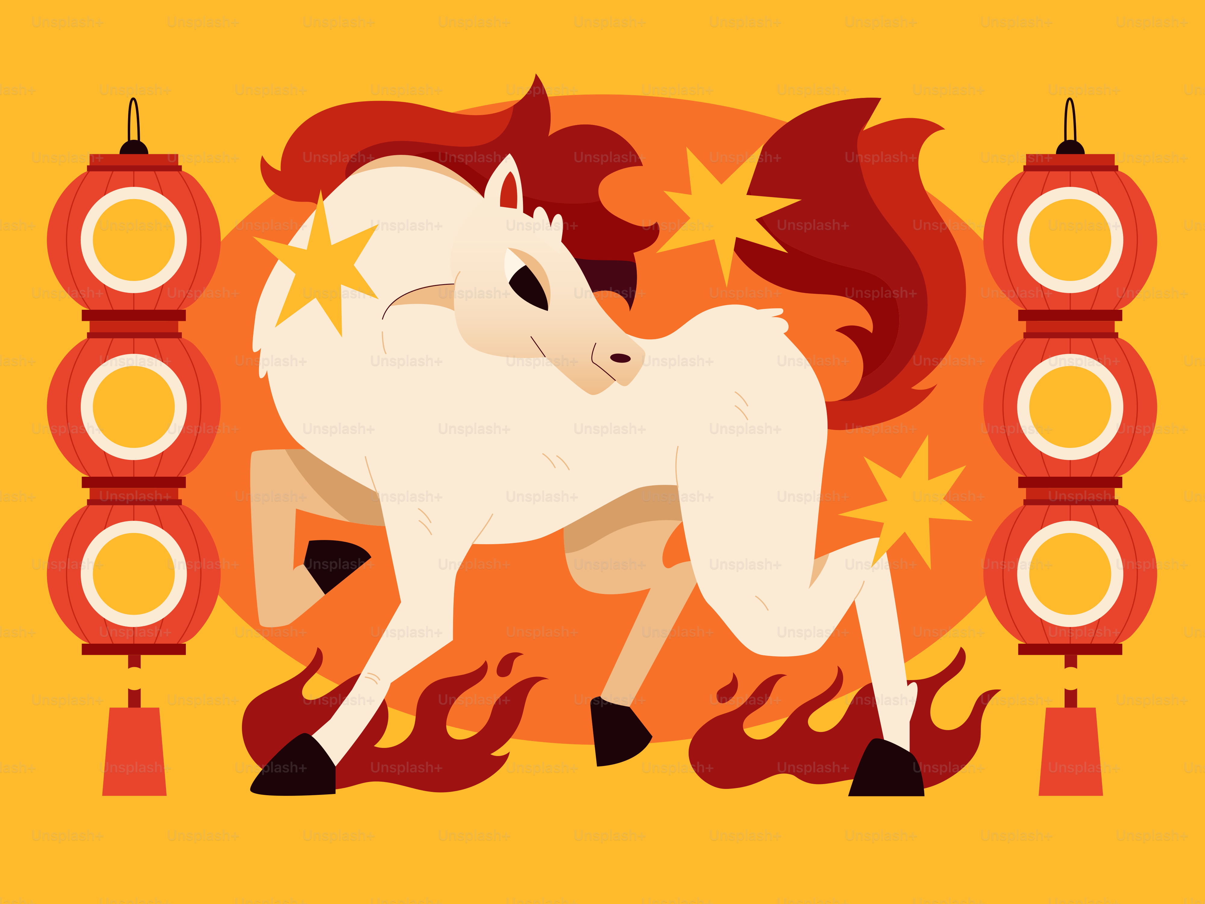 A white horse with a red mane and tail.