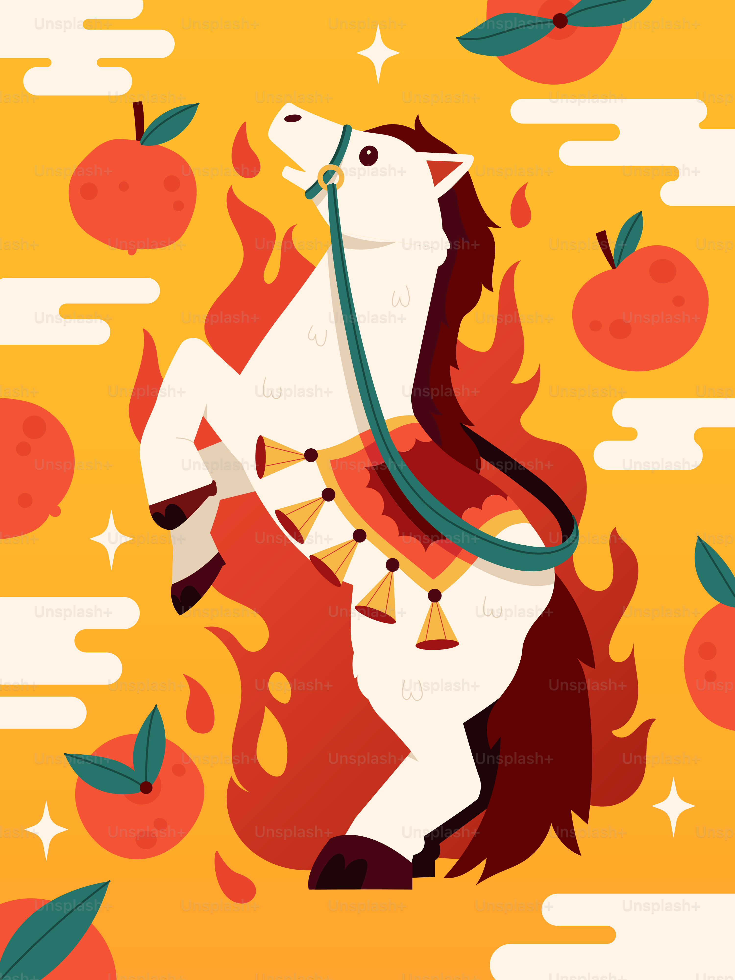 A white horse rears up amidst flames and fruit.