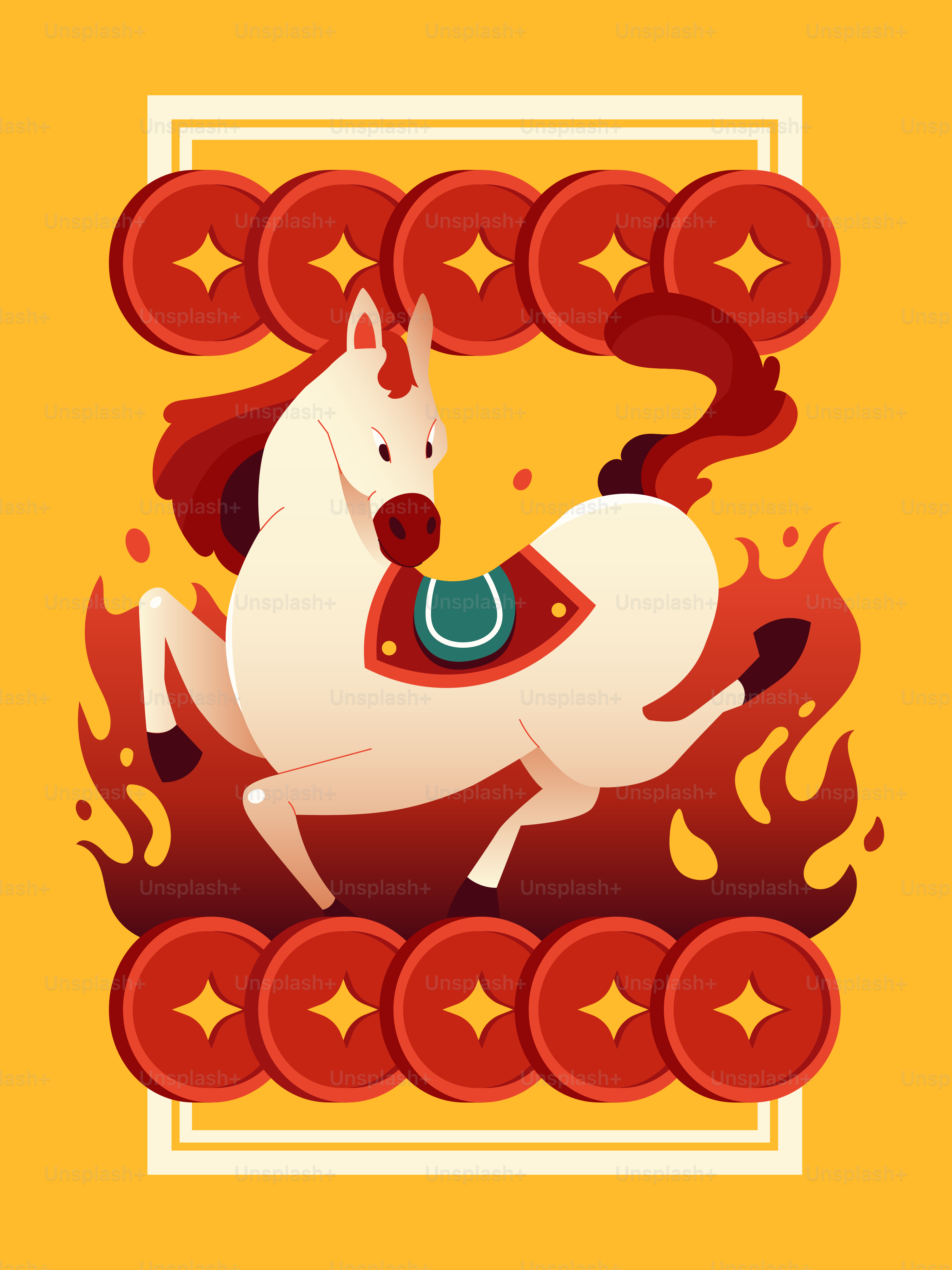White horse surrounded by fire and coins