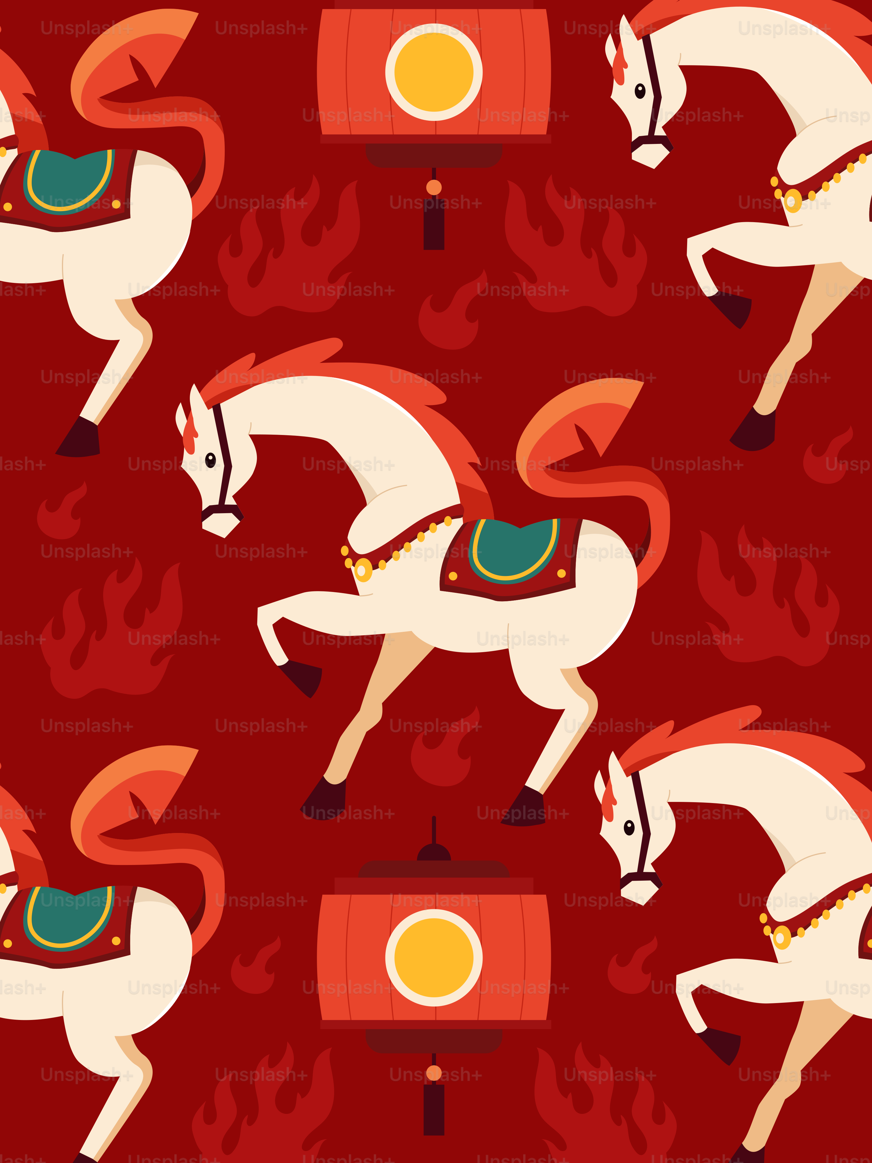White horses with red manes on red background