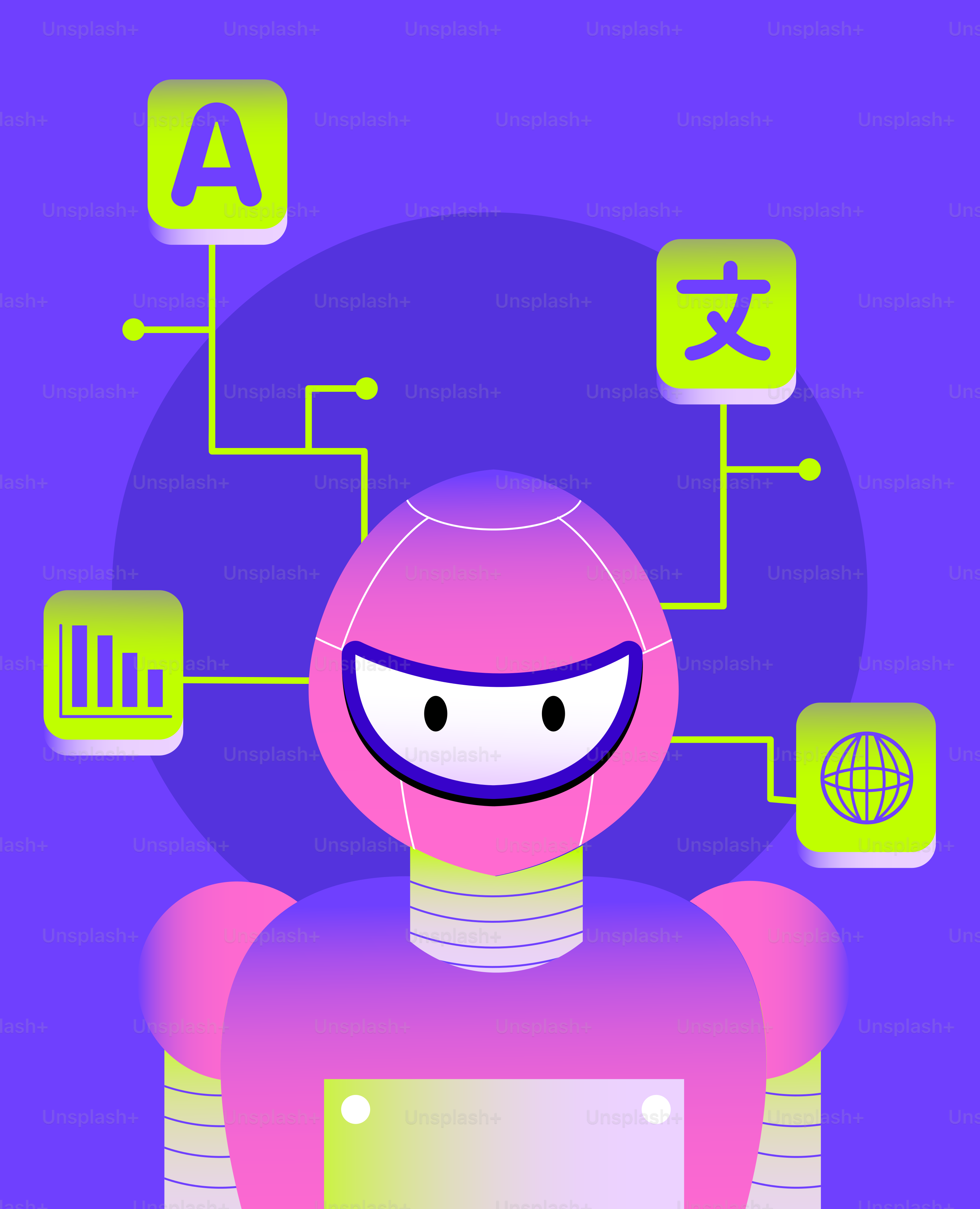 Robot with icons representing language and data.