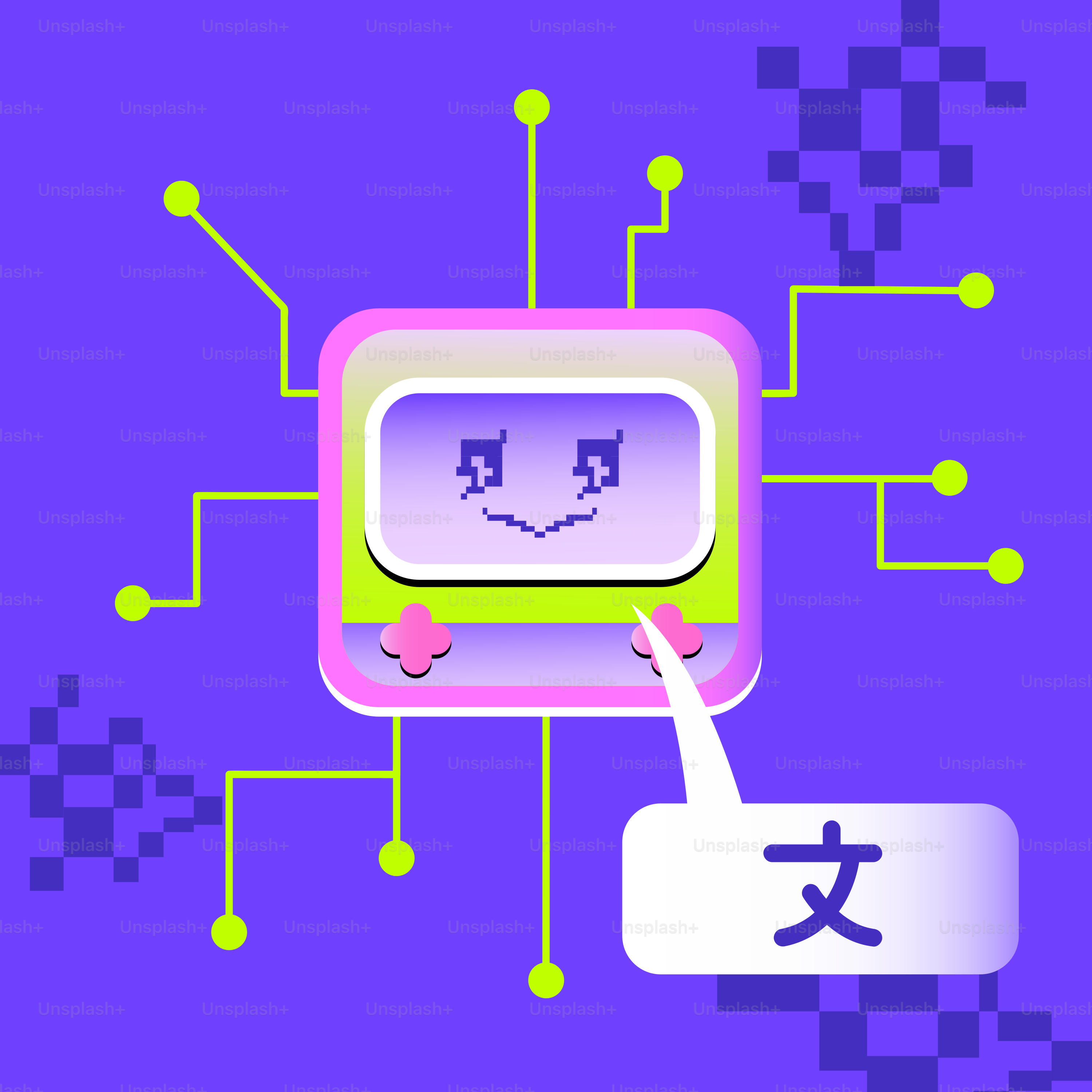 ピクセル化された顔のレトロなビデオゲーム機。