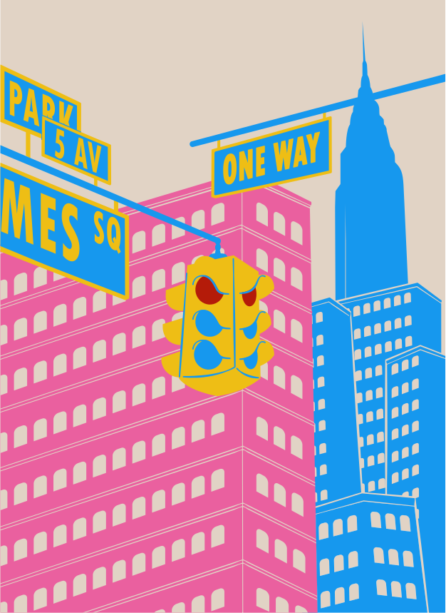 New york city street with traffic light and buildings.