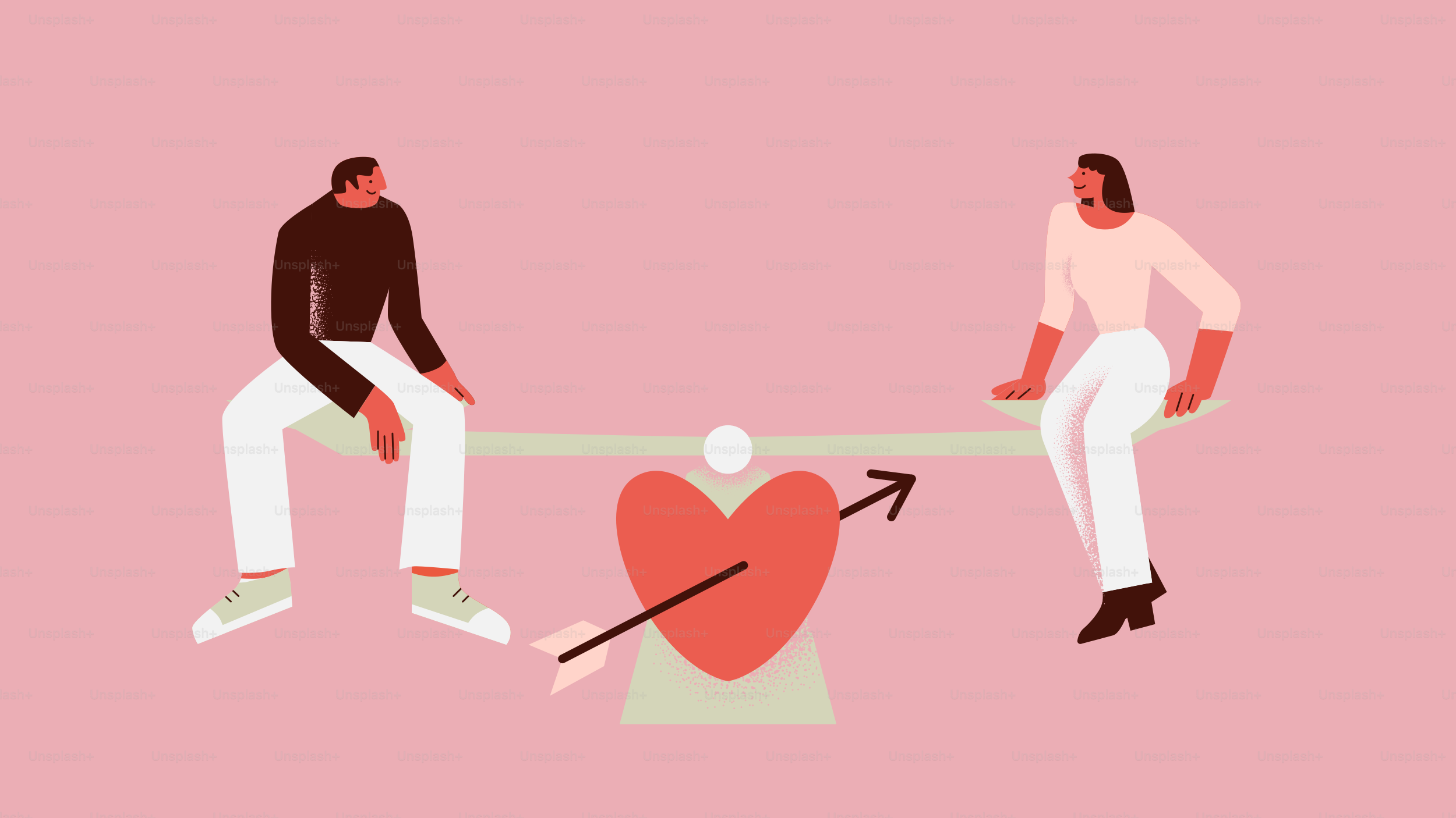 Casal em uma gangorra com coração perfurado por flecha