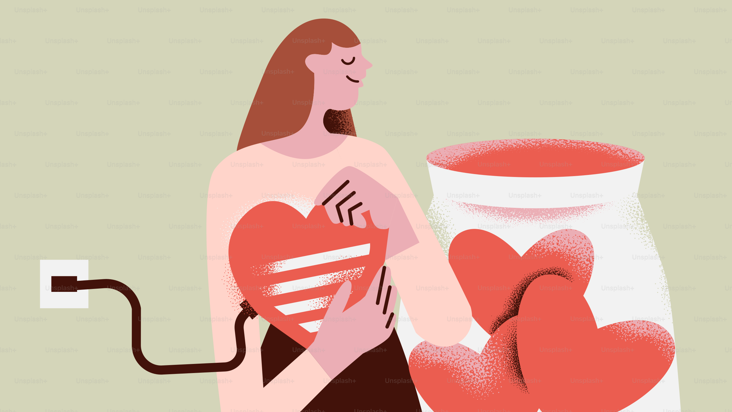 Woman placing heart into jar, connected by cord.