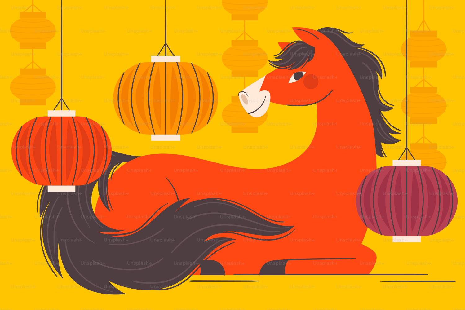 Red horse with lanterns on yellow background