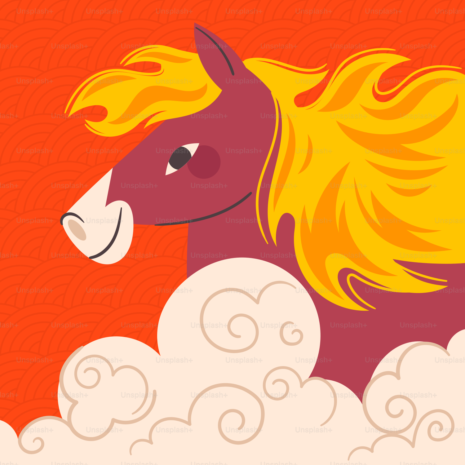 A stylized horse with a fiery mane in clouds.