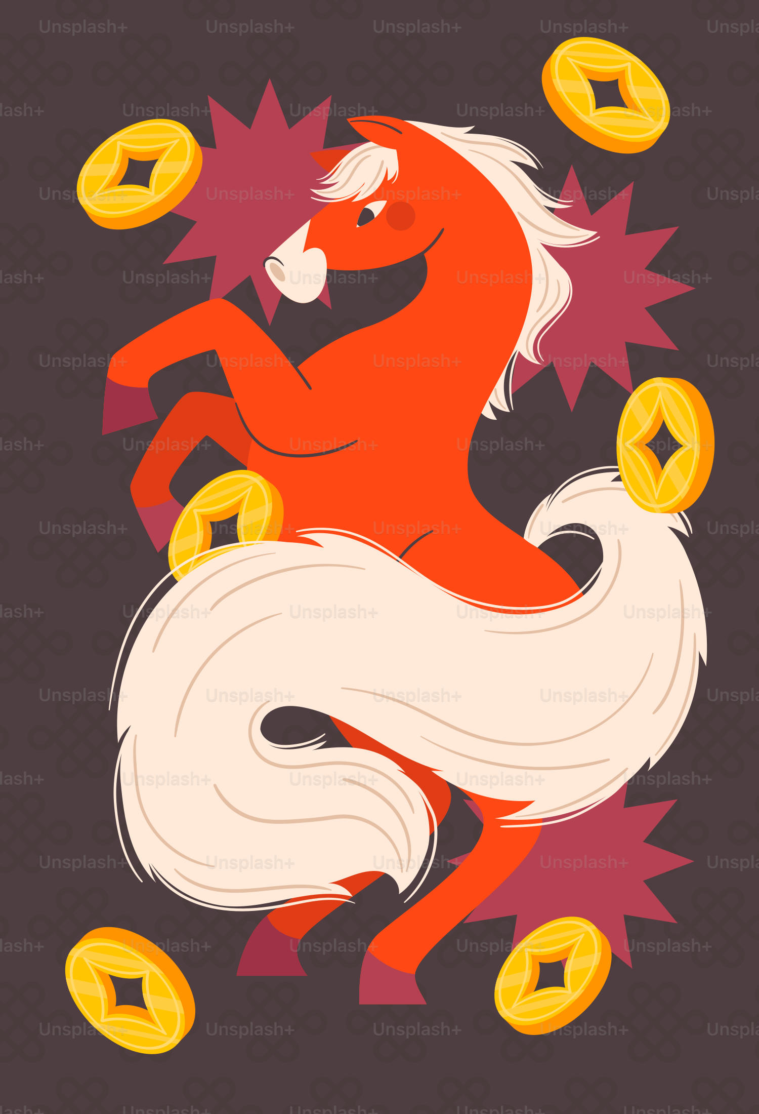 A stylized orange horse with a white mane and tail.