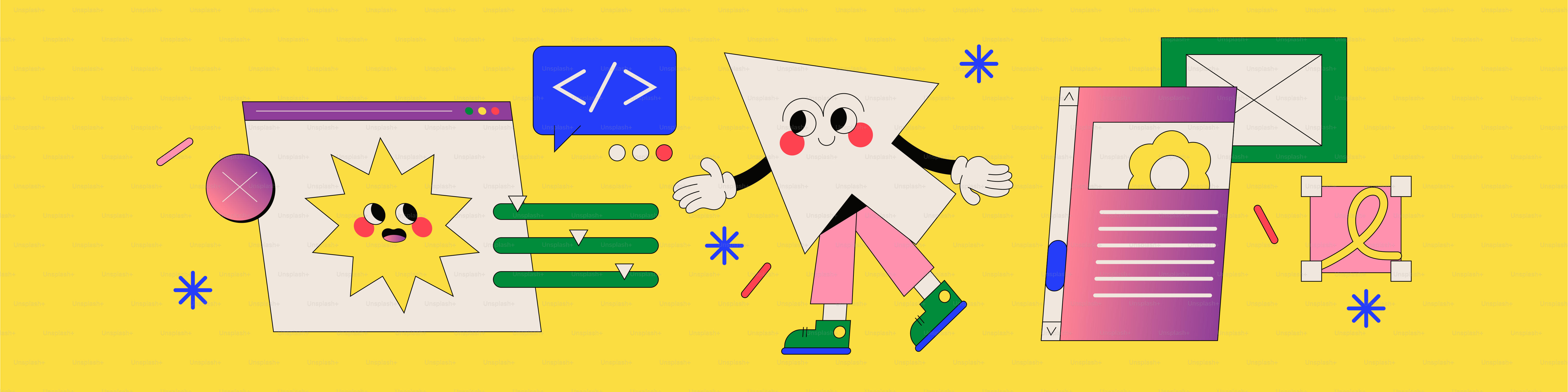 Personagem de desenho animado com símbolos de codificação e telas em fundo amarelo
