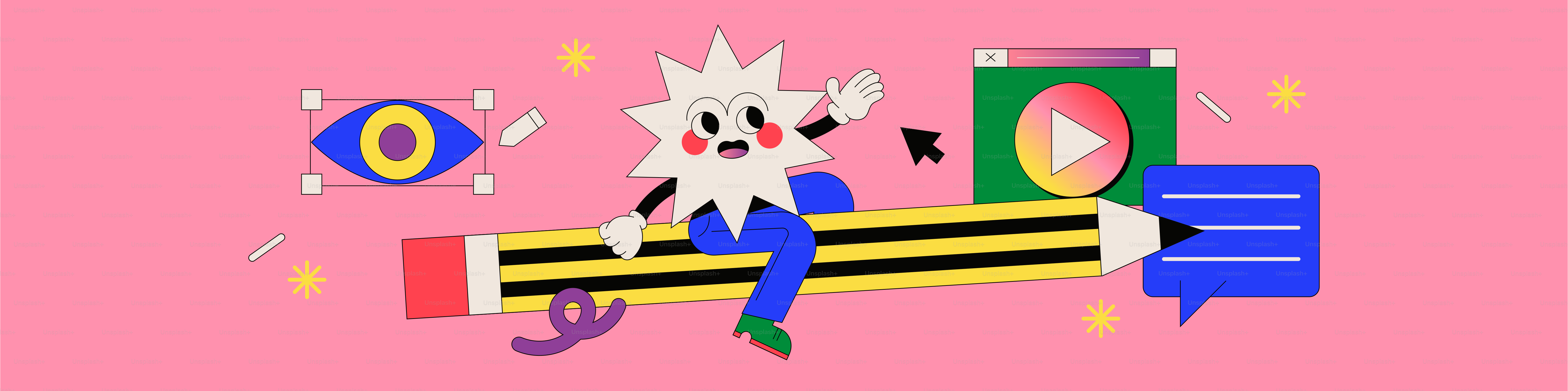 Cartoon character sitting on a pencil with creative icons