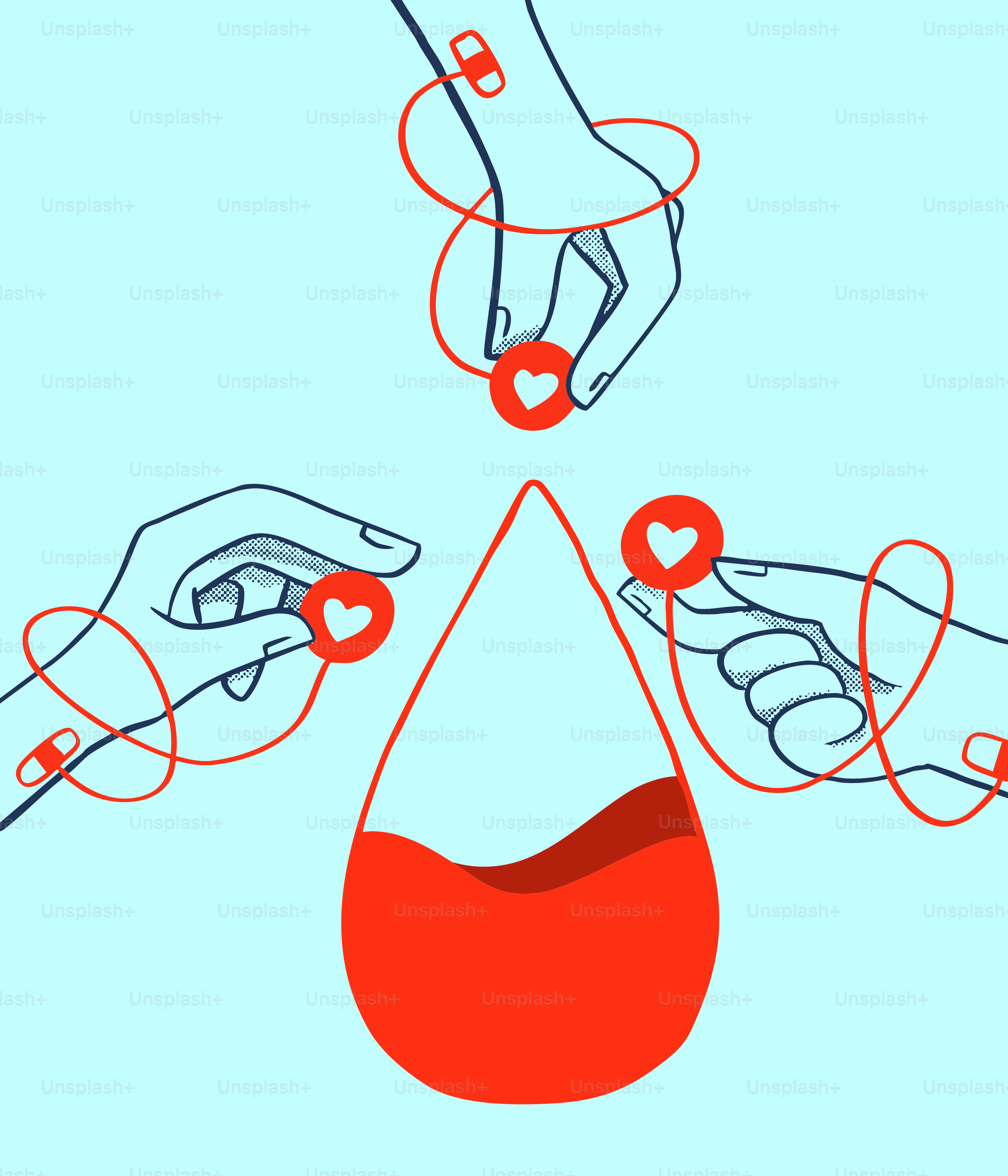 Hands connecting red threads to a blood drop.