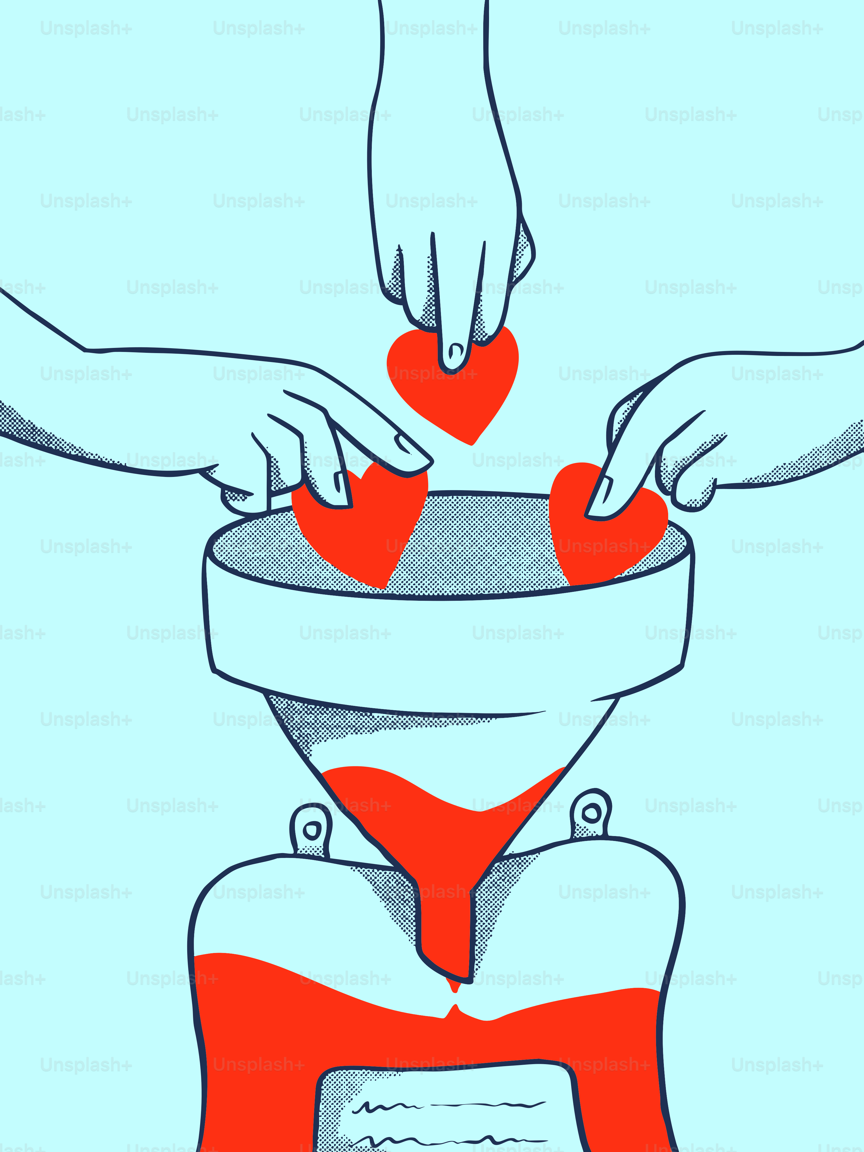 Hands donating hearts into a blood bag