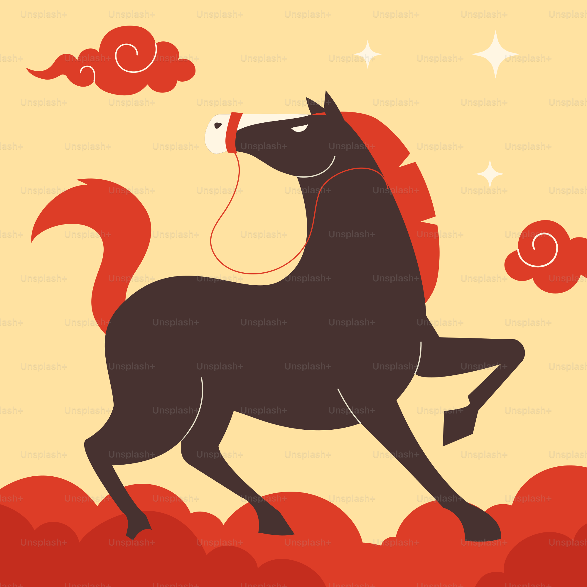 A stylized dark horse with a red mane and tail.