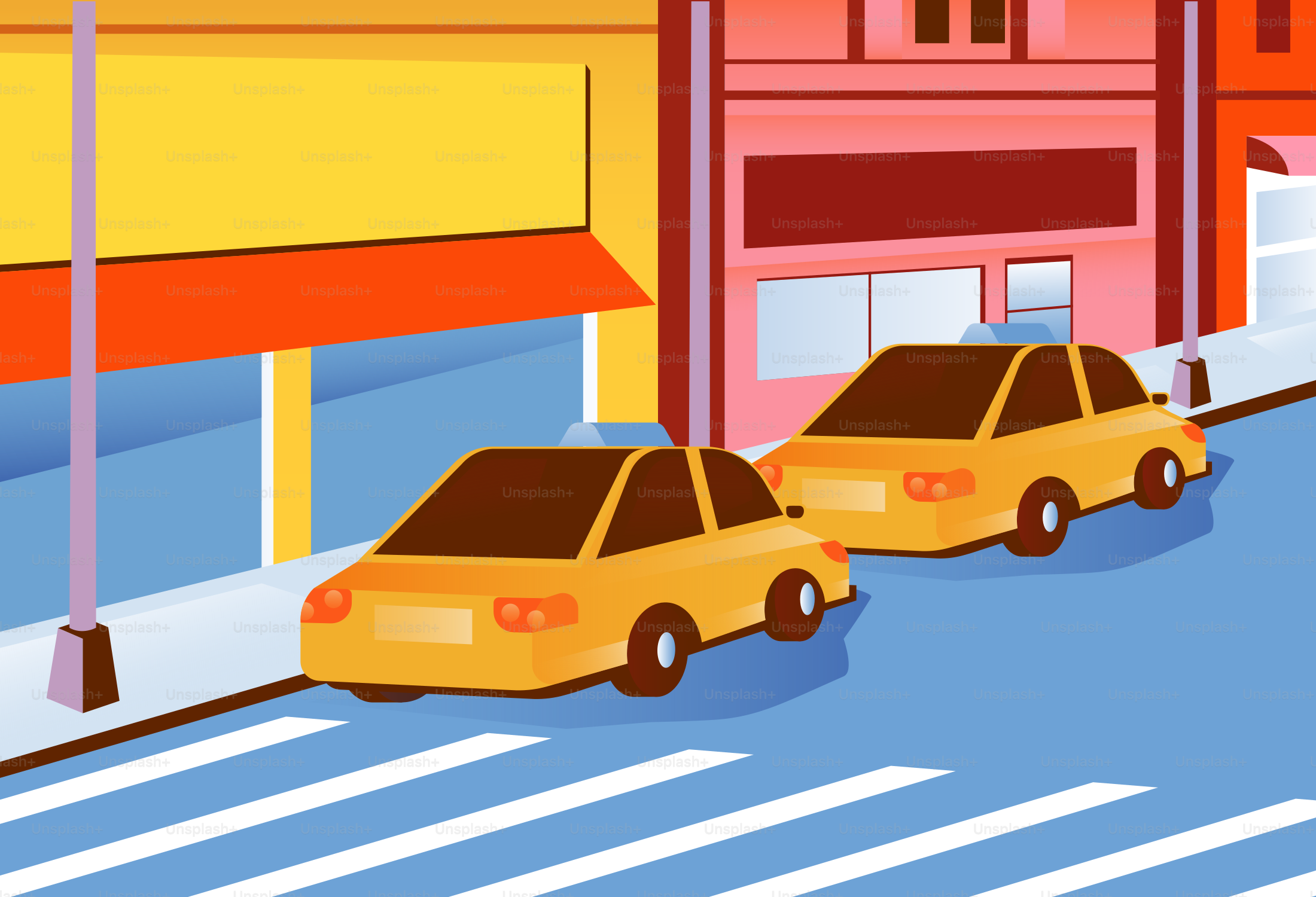 Two yellow cars parked on a city street.