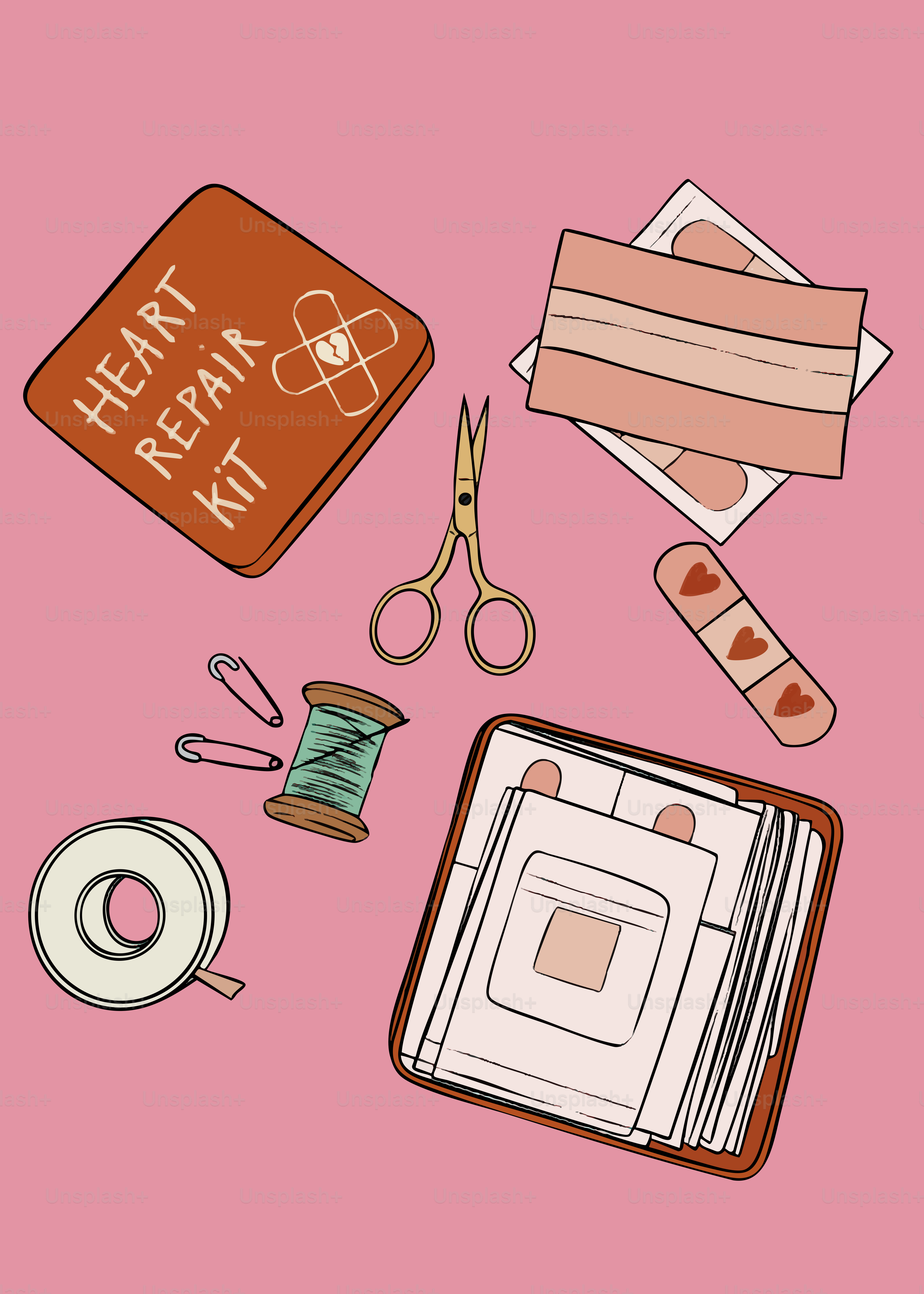 Kit de reparo cardíaco com curativos, tesouras e fita.