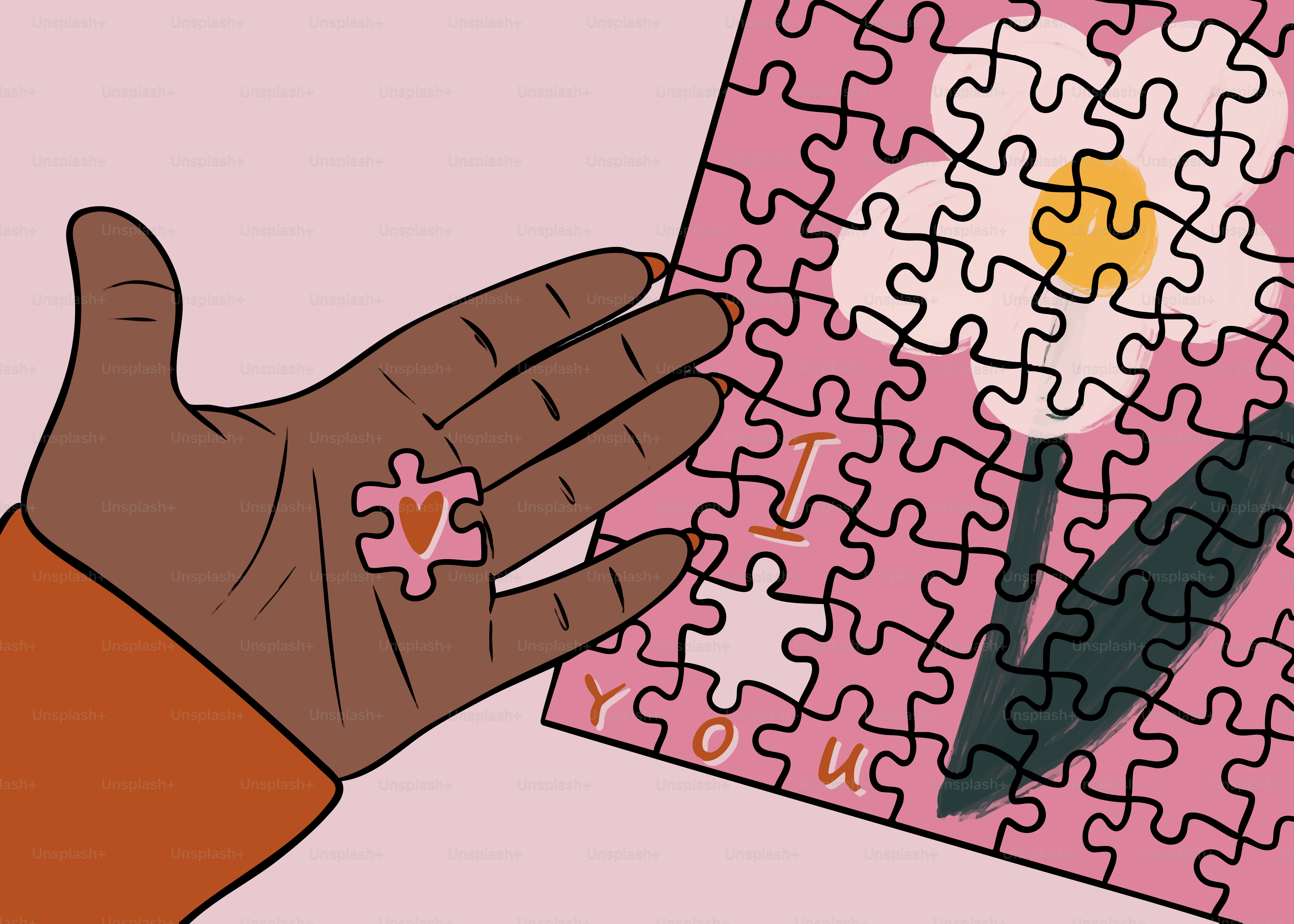 Hand holding puzzle piece with heart, completing jigsaw.