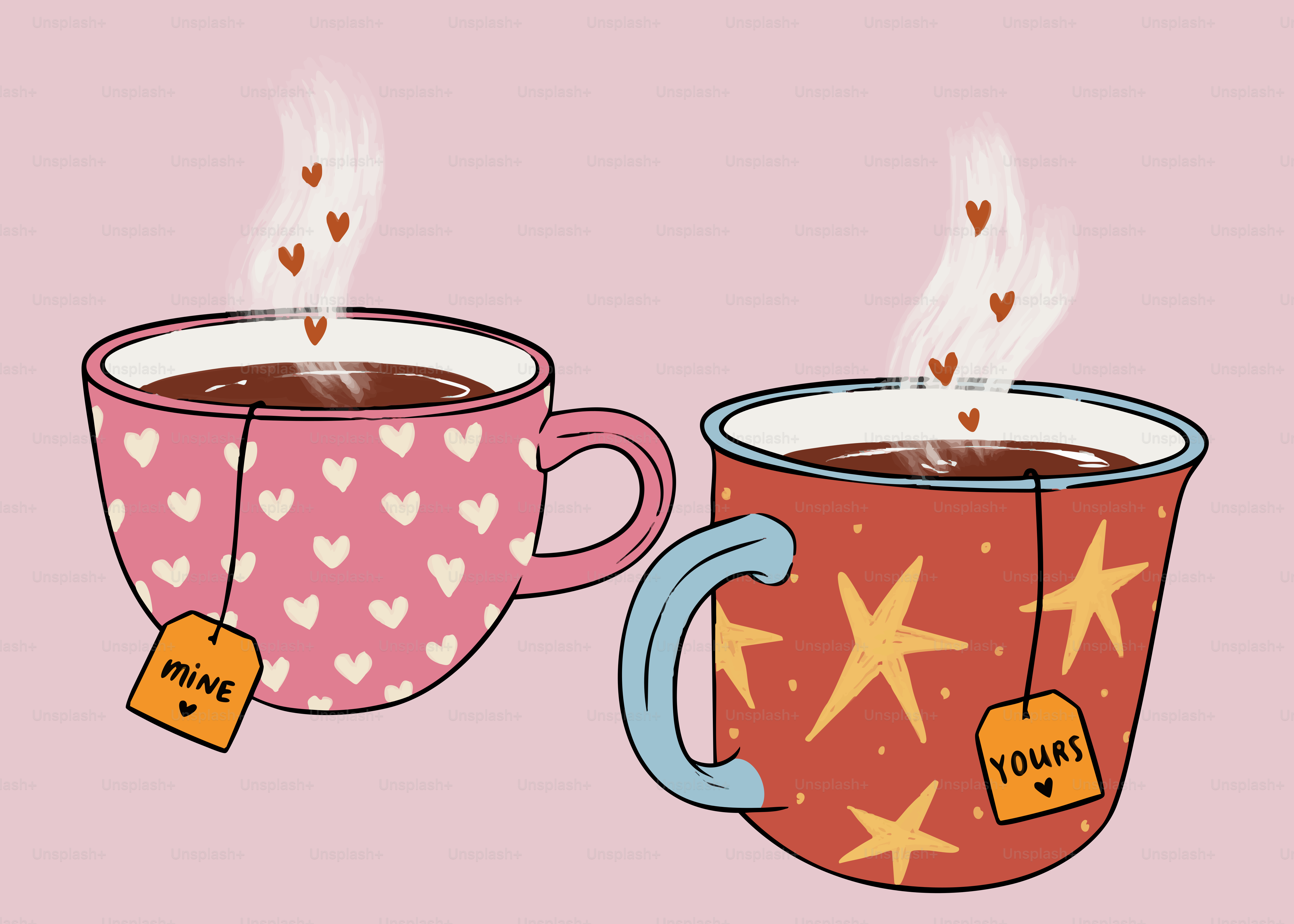 Duas xícaras de chá com vapor em formato de coração.