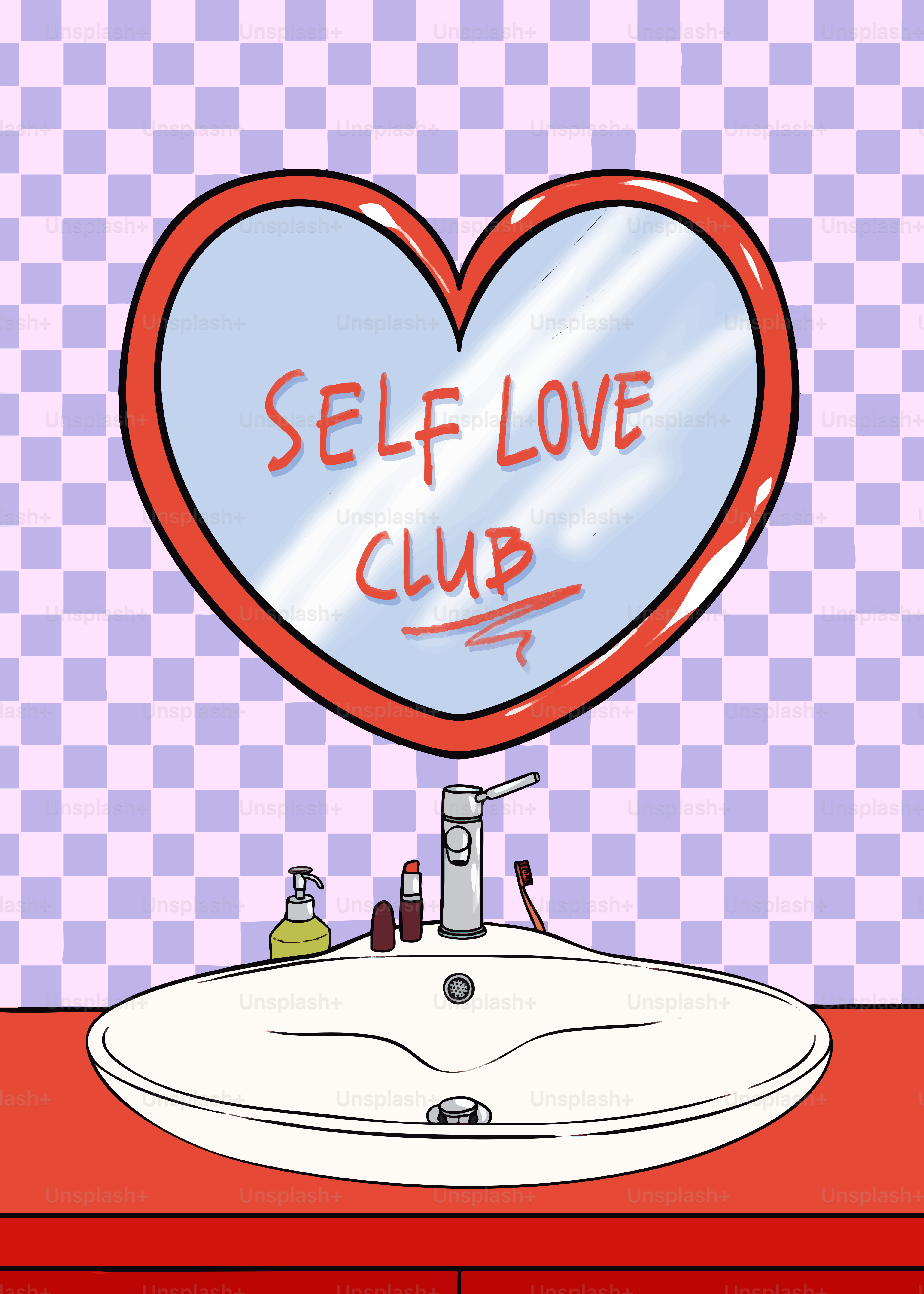 Heart-shaped mirror reflects 'self love club' text.