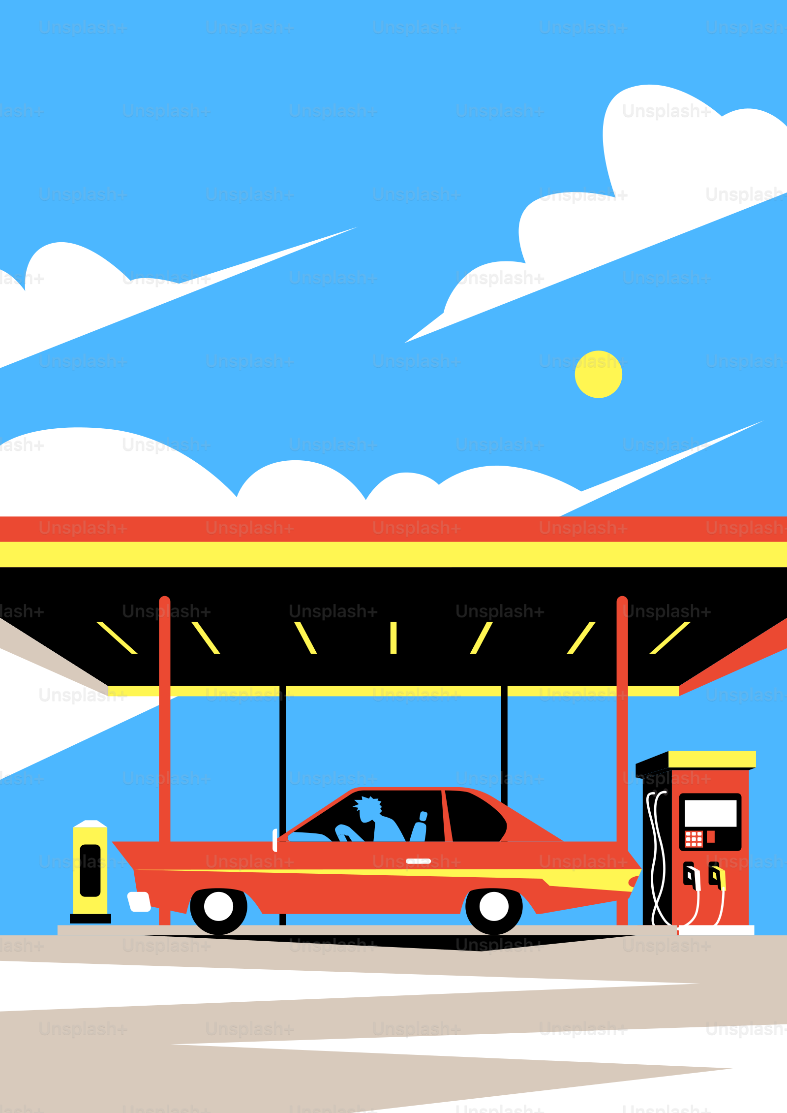 Red car at a gas station under a sunny sky.
