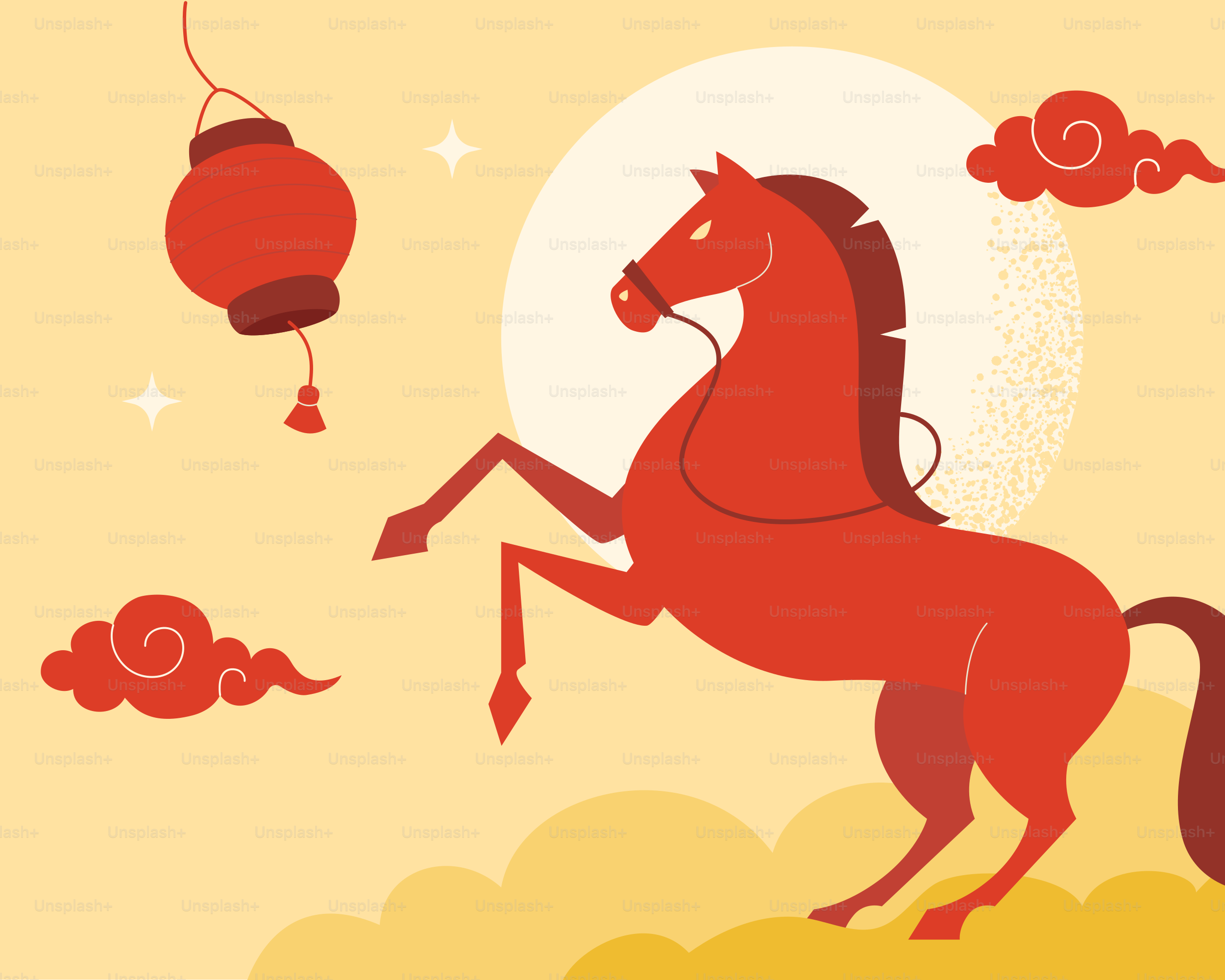 Un caballo rojo con una linterna y nubes.