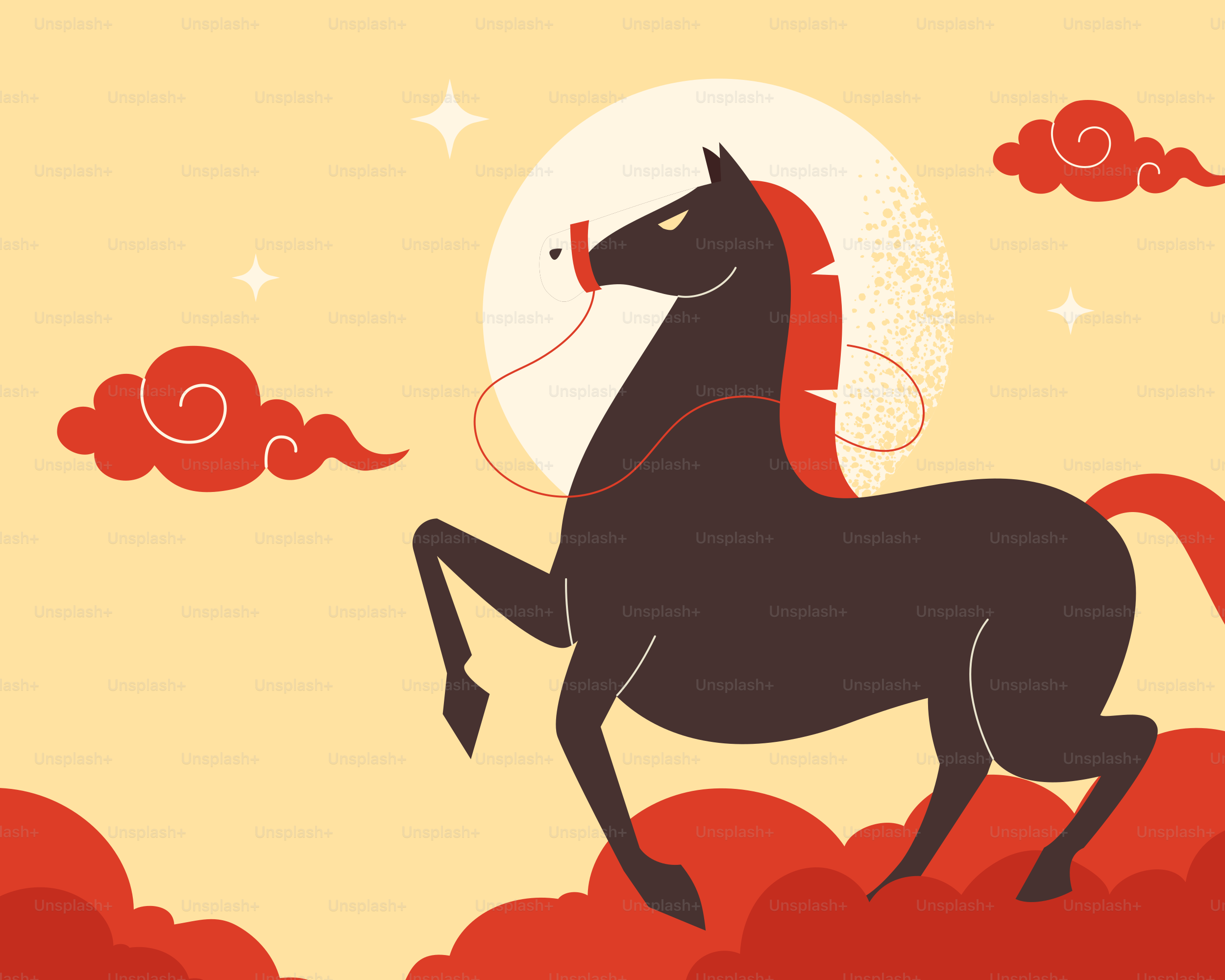 A stylized black horse with red mane and tail.