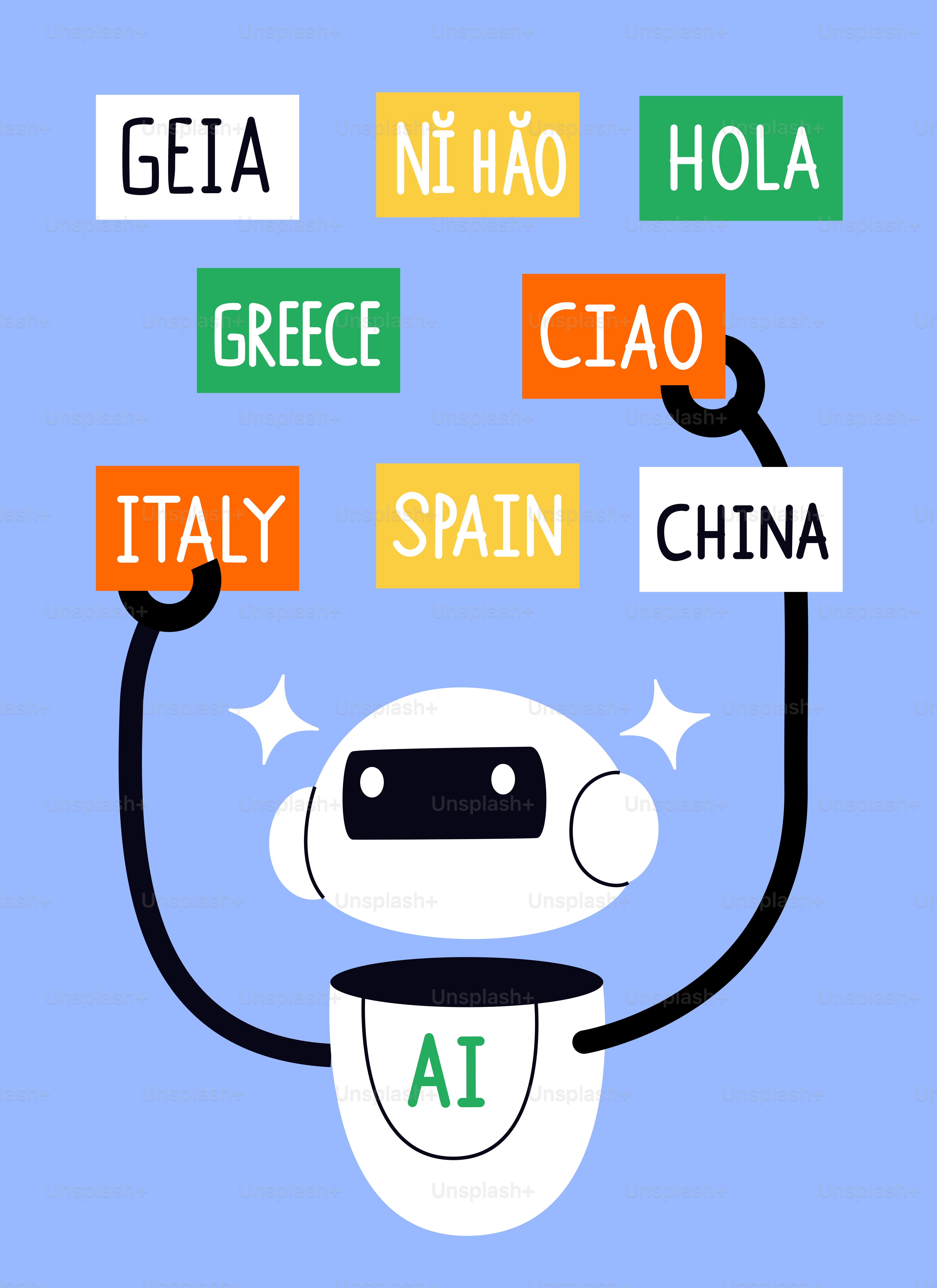 KI-Roboter hält Schilder mit Grüßen aus verschiedenen Ländern.